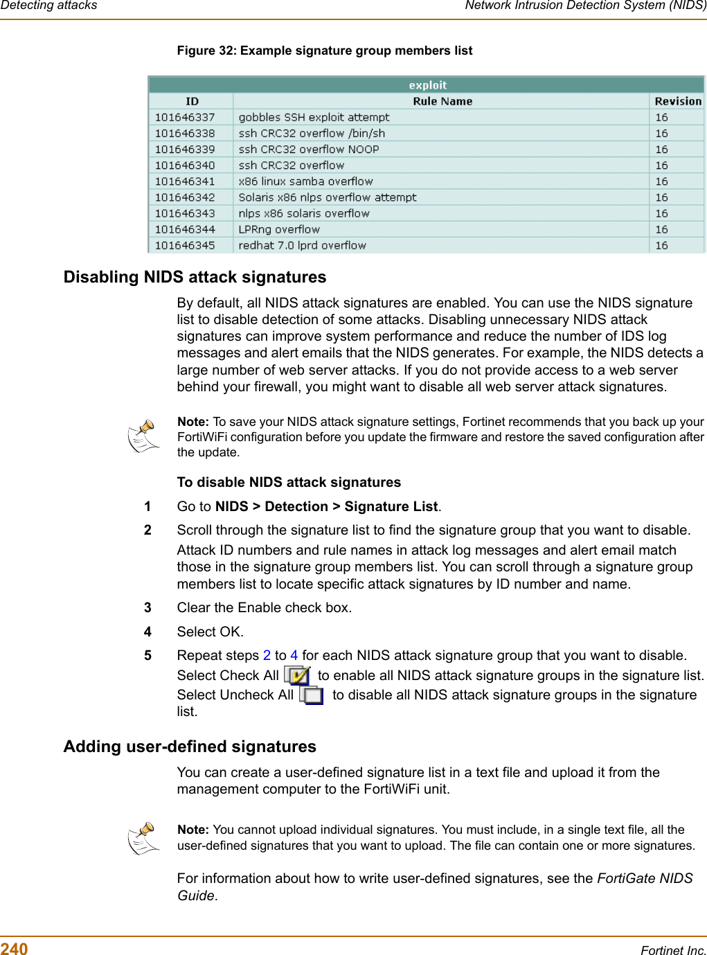 240 Fortinet Inc.Detecting attacks Network Intrusion Detection System (NIDS)Figure 32: Example signature group members listDisabling NIDS attack signaturesBy default, all NIDS attack signatures are enabled. You can use the NIDS signature list to disable detection of some attacks. Disabling unnecessary NIDS attack signatures can improve system performance and reduce the number of IDS log messages and alert emails that the NIDS generates. For example, the NIDS detects a large number of web server attacks. If you do not provide access to a web server behind your firewall, you might want to disable all web server attack signatures.To disable NIDS attack signatures1Go to NIDS &gt; Detection &gt; Signature List.2Scroll through the signature list to find the signature group that you want to disable.Attack ID numbers and rule names in attack log messages and alert email match those in the signature group members list. You can scroll through a signature group members list to locate specific attack signatures by ID number and name.3Clear the Enable check box.4Select OK.5Repeat steps 2 to 4 for each NIDS attack signature group that you want to disable.Select Check All   to enable all NIDS attack signature groups in the signature list.Select Uncheck All   to disable all NIDS attack signature groups in the signature list.Adding user-defined signaturesYou can create a user-defined signature list in a text file and upload it from the management computer to the FortiWiFi unit.For information about how to write user-defined signatures, see the FortiGate NIDS Guide.Note: To save your NIDS attack signature settings, Fortinet recommends that you back up your FortiWiFi configuration before you update the firmware and restore the saved configuration after the update.Note: You cannot upload individual signatures. You must include, in a single text file, all the user-defined signatures that you want to upload. The file can contain one or more signatures. 