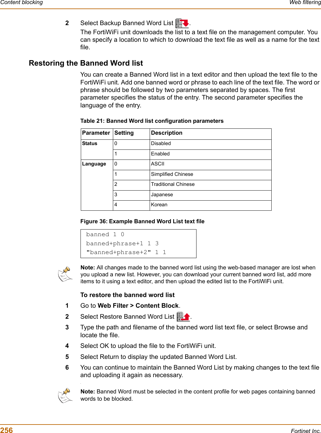 256 Fortinet Inc.Content blocking Web filtering2Select Backup Banned Word List  .The FortiWiFi unit downloads the list to a text file on the management computer. You can specify a location to which to download the text file as well as a name for the text file.Restoring the Banned Word listYou can create a Banned Word list in a text editor and then upload the text file to the FortiWiFi unit. Add one banned word or phrase to each line of the text file. The word or phrase should be followed by two parameters separated by spaces. The first parameter specifies the status of the entry. The second parameter specifies the language of the entry.Figure 36: Example Banned Word List text fileTo restore the banned word list1Go to Web Filter &gt; Content Block.2Select Restore Banned Word List  .3Type the path and filename of the banned word list text file, or select Browse and locate the file.4Select OK to upload the file to the FortiWiFi unit.5Select Return to display the updated Banned Word List.6You can continue to maintain the Banned Word List by making changes to the text file and uploading it again as necessary..Table 21: Banned Word list configuration parametersParameter Setting DescriptionStatus 0 Disabled1 EnabledLanguage 0 ASCII1 Simplified Chinese2 Traditional Chinese3 Japanese4 Koreanbanned 1 0banned+phrase+1 1 3&quot;banned+phrase+2&quot; 1 1Note: All changes made to the banned word list using the web-based manager are lost when you upload a new list. However, you can download your current banned word list, add more items to it using a text editor, and then upload the edited list to the FortiWiFi unit.Note: Banned Word must be selected in the content profile for web pages containing banned words to be blocked.