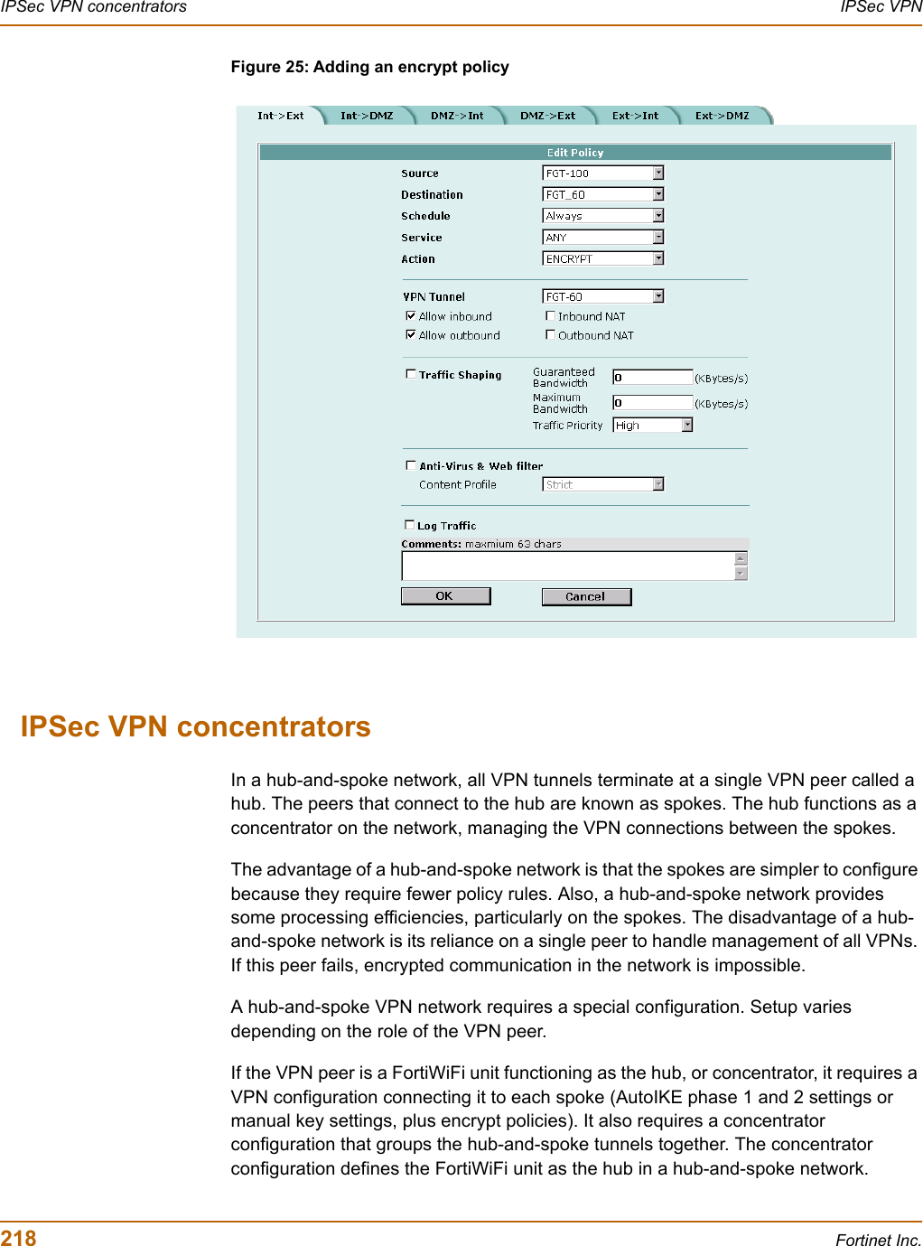 218 Fortinet Inc.IPSec VPN concentrators IPSec VPNFigure 25: Adding an encrypt policyIPSec VPN concentrators In a hub-and-spoke network, all VPN tunnels terminate at a single VPN peer called a hub. The peers that connect to the hub are known as spokes. The hub functions as a concentrator on the network, managing the VPN connections between the spokes.The advantage of a hub-and-spoke network is that the spokes are simpler to configure because they require fewer policy rules. Also, a hub-and-spoke network provides some processing efficiencies, particularly on the spokes. The disadvantage of a hub-and-spoke network is its reliance on a single peer to handle management of all VPNs. If this peer fails, encrypted communication in the network is impossible.A hub-and-spoke VPN network requires a special configuration. Setup varies depending on the role of the VPN peer.If the VPN peer is a FortiWiFi unit functioning as the hub, or concentrator, it requires a VPN configuration connecting it to each spoke (AutoIKE phase 1 and 2 settings or manual key settings, plus encrypt policies). It also requires a concentrator configuration that groups the hub-and-spoke tunnels together. The concentrator configuration defines the FortiWiFi unit as the hub in a hub-and-spoke network.