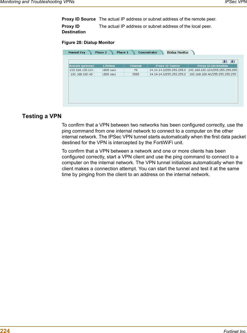 224 Fortinet Inc.Monitoring and Troubleshooting VPNs IPSec VPNFigure 28: Dialup MonitorTesting a VPNTo confirm that a VPN between two networks has been configured correctly, use the ping command from one internal network to connect to a computer on the other internal network. The IPSec VPN tunnel starts automatically when the first data packet destined for the VPN is intercepted by the FortiWiFi unit.To confirm that a VPN between a network and one or more clients has been configured correctly, start a VPN client and use the ping command to connect to a computer on the internal network. The VPN tunnel initializes automatically when the client makes a connection attempt. You can start the tunnel and test it at the same time by pinging from the client to an address on the internal network.Proxy ID Source The actual IP address or subnet address of the remote peer.Proxy ID DestinationThe actual IP address or subnet address of the local peer.