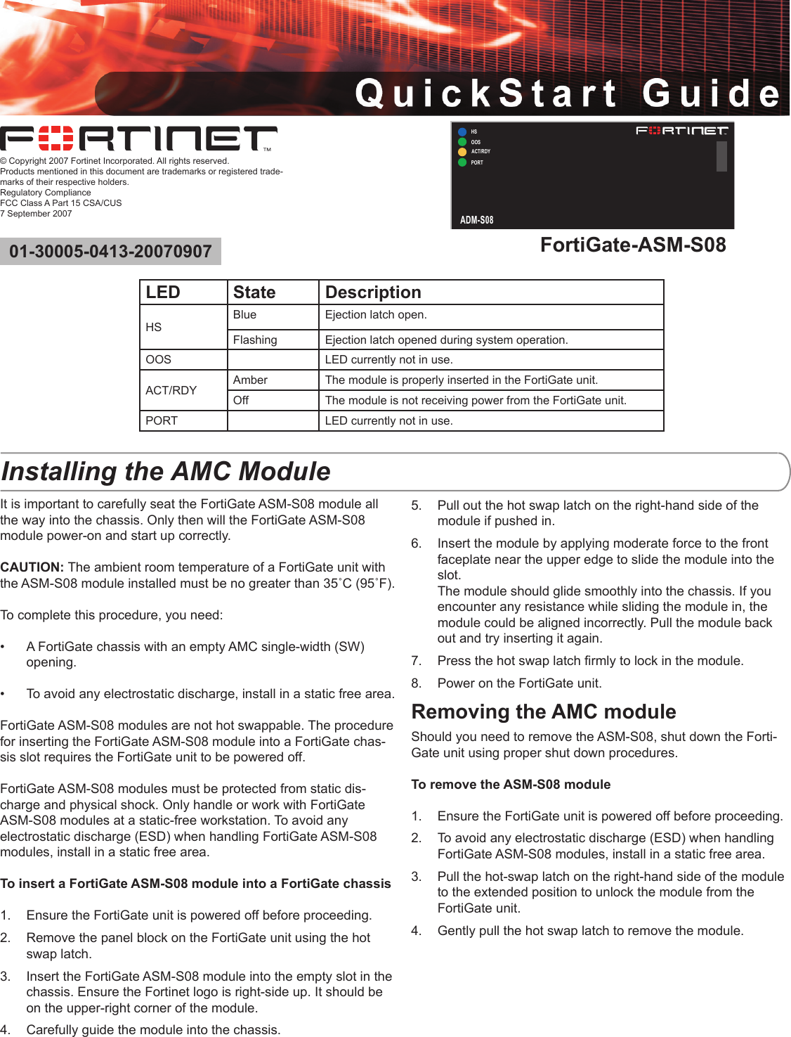 Page 1 of 1 - Fortinet Fortinet-Asm-S08-Users-Manual- FortiGate-ASM-S08 QuickStart Guide  Fortinet-asm-s08-users-manual