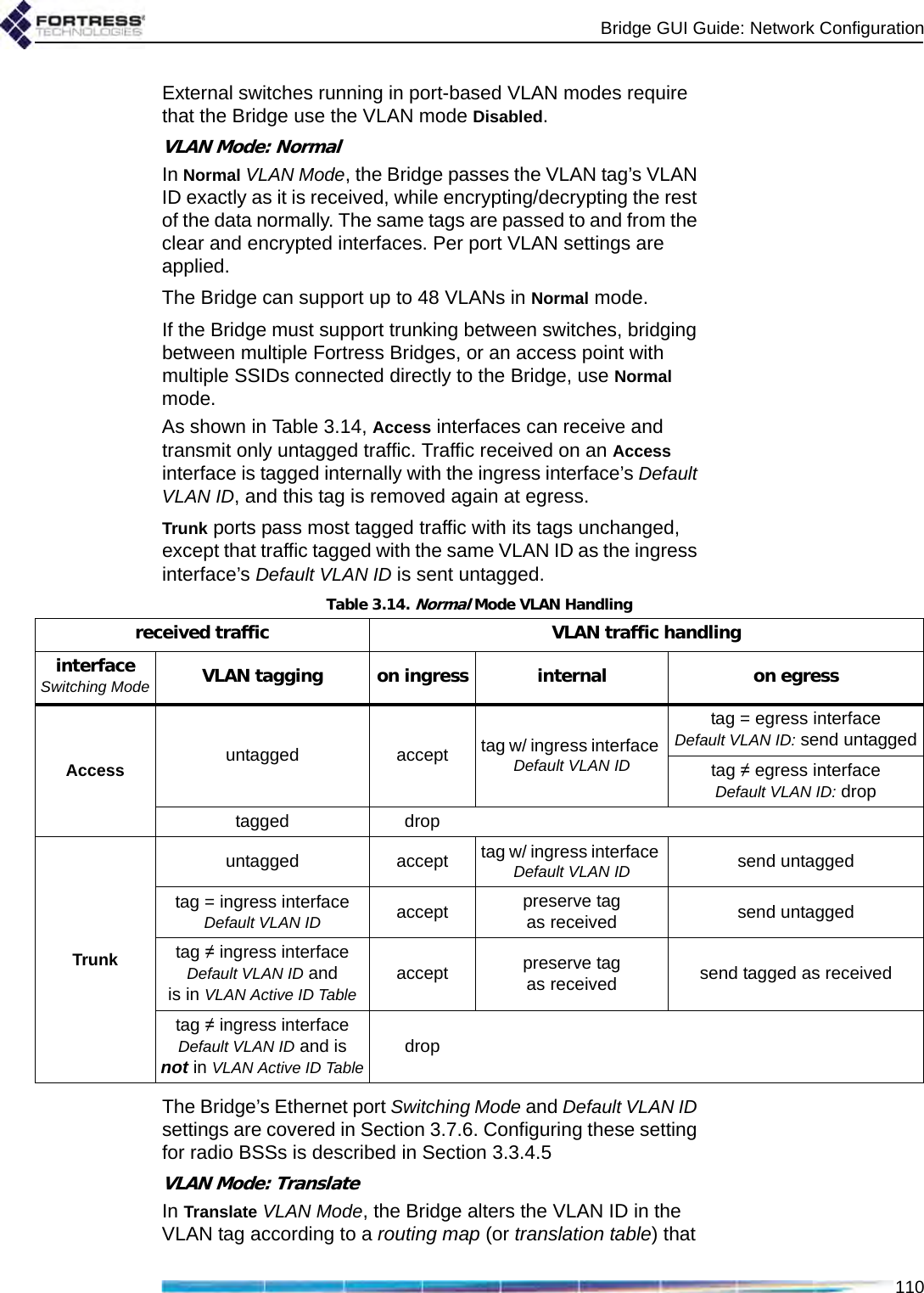 Bridge GUI Guide: Network Configuration110External switches running in port-based VLAN modes require that the Bridge use the VLAN mode Disabled.VLAN Mode: NormalIn Normal VLAN Mode, the Bridge passes the VLAN tag’s VLAN ID exactly as it is received, while encrypting/decrypting the rest of the data normally. The same tags are passed to and from the clear and encrypted interfaces. Per port VLAN settings are applied.The Bridge can support up to 48 VLANs in Normal mode.If the Bridge must support trunking between switches, bridging between multiple Fortress Bridges, or an access point with multiple SSIDs connected directly to the Bridge, use Normal mode.As shown in Table 3.14, Access interfaces can receive and transmit only untagged traffic. Traffic received on an Access interface is tagged internally with the ingress interface’s Default VLAN ID, and this tag is removed again at egress.Trunk ports pass most tagged traffic with its tags unchanged, except that traffic tagged with the same VLAN ID as the ingress interface’s Default VLAN ID is sent untagged.The Bridge’s Ethernet port Switching Mode and Default VLAN ID settings are covered in Section 3.7.6. Configuring these setting for radio BSSs is described in Section 3.3.4.5 VLAN Mode: TranslateIn Translate VLAN Mode, the Bridge alters the VLAN ID in the VLAN tag according to a routing map (or translation table) that Table 3.14. Normal Mode VLAN Handlingreceived traffic VLAN traffic handlinginterface Switching Mode VLAN tagging on ingress internal on egressAccess untagged accept tag w/ ingress interface Default VLAN IDtag = egress interface Default VLAN ID: send untaggedtag ≠ egress interface Default VLAN ID: droptagged dropTrunkuntagged accept tag w/ ingress interface Default VLAN ID send untaggedtag = ingress interface Default VLAN ID accept preserve tag as received send untaggedtag ≠ ingress interface Default VLAN ID and is in VLAN Active ID Table accept preserve tag as received send tagged as receivedtag ≠ ingress interface Default VLAN ID and is not in VLAN Active ID Table drop