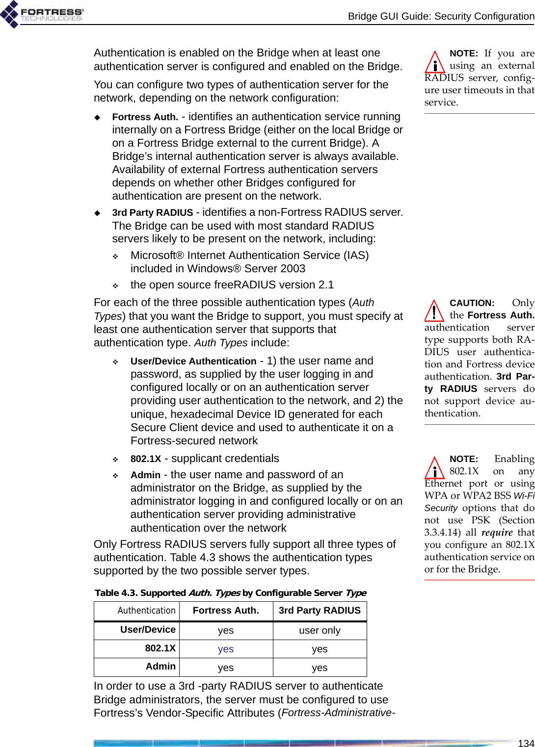 Bridge GUI Guide: Security Configuration134NOTE: If you areusing an externalRADIUS server, config-ure user timeouts in thatservice. Authentication is enabled on the Bridge when at least one authentication server is configured and enabled on the Bridge. You can configure two types of authentication server for the network, depending on the network configuration:Fortress Auth. - identifies an authentication service running internally on a Fortress Bridge (either on the local Bridge or on a Fortress Bridge external to the current Bridge). A Bridge’s internal authentication server is always available. Availability of external Fortress authentication servers depends on whether other Bridges configured for authentication are present on the network.3rd Party RADIUS - identifies a non-Fortress RADIUS server. The Bridge can be used with most standard RADIUS servers likely to be present on the network, including:Microsoft® Internet Authentication Service (IAS) included in Windows® Server 2003 the open source freeRADIUS version 2.1CAUTION: Onlythe Fortress Auth.authentication servertype supports both RA-DIUS user authentica-tion and Fortress deviceauthentication.  3rd Par-ty RADIUS servers donot support device au-thentication.For each of the three possible authentication types (Auth Types) that you want the Bridge to support, you must specify at least one authentication server that supports that authentication type. Auth Types include:User/Device Authentication - 1) the user name and password, as supplied by the user logging in and configured locally or on an authentication server providing user authentication to the network, and 2) the unique, hexadecimal Device ID generated for each Secure Client device and used to authenticate it on a Fortress-secured networkNOTE: Enabling802.1X on anyEthernet port or usingWPA or WPA2 BSS Wi-FiSecurity options that donot use PSK (Section3.3.4.14) all require thatyou configure an 802.1Xauthentication service onor for the Bridge.802.1X - supplicant credentialsAdmin - the user name and password of an administrator on the Bridge, as supplied by the administrator logging in and configured locally or on an authentication server providing administrative authentication over the networkOnly Fortress RADIUS servers fully support all three types of authentication. Table 4.3 shows the authentication types supported by the two possible server types.In order to use a 3rd -party RADIUS server to authenticate Bridge administrators, the server must be configured to use Fortress’s Vendor-Specific Attributes (Fortress-Administrative-Table 4.3. Supported Auth. Types by Configurable Server TypeAuthentication Fortress Auth. 3rd Party RADIUSUser/Device yes user only802.1X yes yesAdmin yes yes