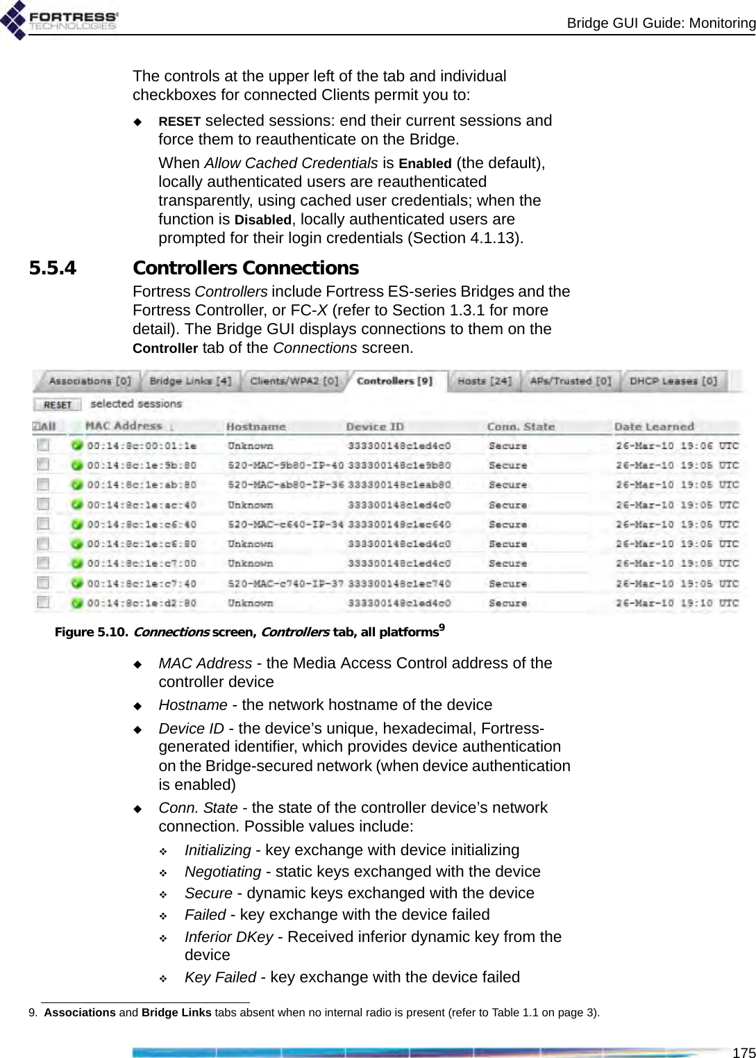 Bridge GUI Guide: Monitoring175The controls at the upper left of the tab and individual checkboxes for connected Clients permit you to:RESET selected sessions: end their current sessions and force them to reauthenticate on the Bridge. When Allow Cached Credentials is Enabled (the default), locally authenticated users are reauthenticated transparently, using cached user credentials; when the function is Disabled, locally authenticated users are prompted for their login credentials (Section 4.1.13).5.5.4 Controllers ConnectionsFortress Controllers include Fortress ES-series Bridges and the Fortress Controller, or FC-X (refer to Section 1.3.1 for more detail). The Bridge GUI displays connections to them on the Controller tab of the Connections screen.Figure 5.10.Connections screen, Controllers tab, all platforms9MAC Address - the Media Access Control address of the controller deviceHostname - the network hostname of the deviceDevice ID - the device’s unique, hexadecimal, Fortress-generated identifier, which provides device authentication on the Bridge-secured network (when device authentication is enabled)Conn. State - the state of the controller device’s network connection. Possible values include:Initializing - key exchange with device initializingNegotiating - static keys exchanged with the deviceSecure - dynamic keys exchanged with the deviceFailed - key exchange with the device failedInferior DKey - Received inferior dynamic key from the deviceKey Failed - key exchange with the device failed9. Associations and Bridge Links tabs absent when no internal radio is present (refer to Table 1.1 on page 3).