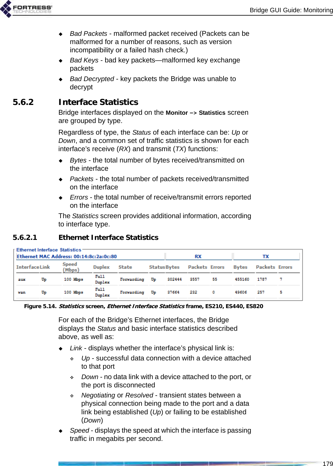 Bridge GUI Guide: Monitoring179Bad Packets - malformed packet received (Packets can be malformed for a number of reasons, such as version incompatibility or a failed hash check.)Bad Keys - bad key packets—malformed key exchange packetsBad Decrypted - key packets the Bridge was unable to decrypt5.6.2 Interface StatisticsBridge interfaces displayed on the Monitor -&gt; Statistics screen are grouped by type.Regardless of type, the Status of each interface can be: Up or Down, and a common set of traffic statistics is shown for each interface’s receive (RX) and transmit (TX) functions:Bytes - the total number of bytes received/transmitted on the interfacePackets - the total number of packets received/transmitted on the interfaceErrors - the total number of receive/transmit errors reported on the interfaceThe Statistics screen provides additional information, according to interface type.5.6.2.1 Ethernet Interface StatisticsFigure 5.14.Statistics screen, Ethernet Interface Statistics frame, ES210, ES440, ES820For each of the Bridge’s Ethernet interfaces, the Bridge displays the Status and basic interface statistics described above, as well as:Link - displays whether the interface’s physical link is: Up - successful data connection with a device attached to that portDown - no data link with a device attached to the port, or the port is disconnectedNegotiating or Resolved - transient states between a physical connection being made to the port and a data link being established (Up) or failing to be established (Down)Speed - displays the speed at which the interface is passing traffic in megabits per second.