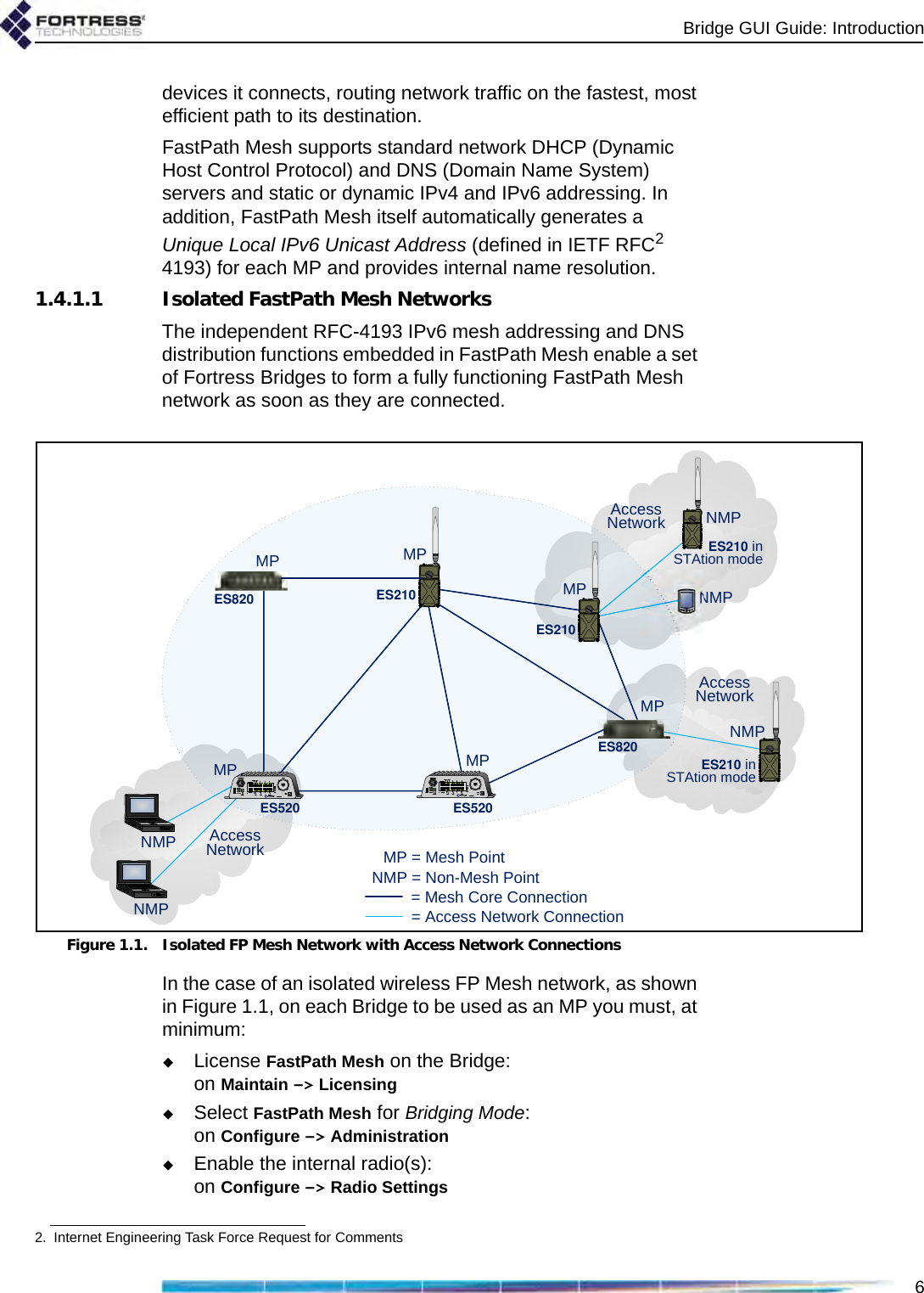 Bridge GUI Guide: Introduction6devices it connects, routing network traffic on the fastest, most efficient path to its destination.FastPath Mesh supports standard network DHCP (Dynamic Host Control Protocol) and DNS (Domain Name System) servers and static or dynamic IPv4 and IPv6 addressing. In addition, FastPath Mesh itself automatically generates a Unique Local IPv6 Unicast Address (defined in IETF RFC2 4193) for each MP and provides internal name resolution.1.4.1.1 Isolated FastPath Mesh NetworksThe independent RFC-4193 IPv6 mesh addressing and DNS distribution functions embedded in FastPath Mesh enable a set of Fortress Bridges to form a fully functioning FastPath Mesh network as soon as they are connected. Figure 1.1. Isolated FP Mesh Network with Access Network ConnectionsIn the case of an isolated wireless FP Mesh network, as shown in Figure 1.1, on each Bridge to be used as an MP you must, at minimum:License FastPath Mesh on the Bridge:on Maintain -&gt; LicensingSelect FastPath Mesh for Bridging Mode:on Configure -&gt; AdministrationEnable the internal radio(s):on Configure -&gt; Radio Settings2. Internet Engineering Task Force Request for CommentsNMPNMPAccessNetworkAccessNetworkAccessNetworkNMP = Non-Mesh Point= Mesh Core Connection= Access Network ConnectionMP = Mesh PointNMPES210 in STAtion modeNMPES210 in STAtion modeNMPMPES820MPES520MPES210MPES520MPES210MPES820