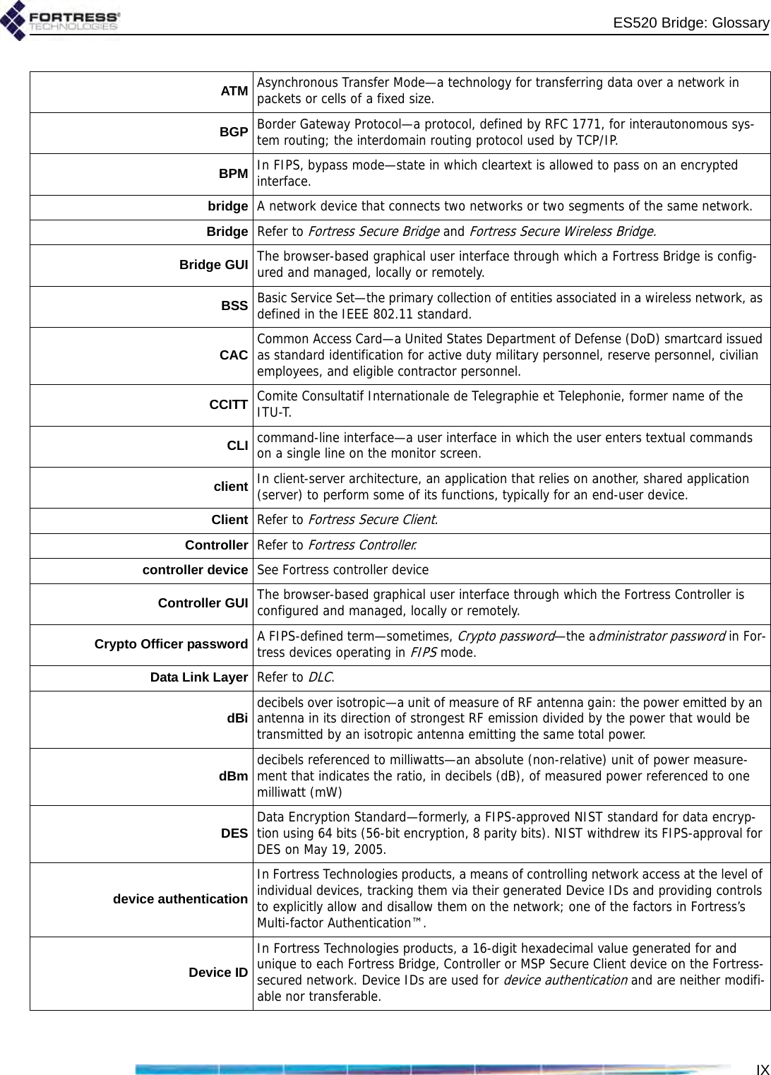 IXES520 Bridge: GlossaryATM Asynchronous Transfer Mode—a technology for transferring data over a network in packets or cells of a fixed size.BGP Border Gateway Protocol—a protocol, defined by RFC 1771, for interautonomous sys-tem routing; the interdomain routing protocol used by TCP/IP.BPM In FIPS, bypass mode—state in which cleartext is allowed to pass on an encrypted interface.bridge A network device that connects two networks or two segments of the same network.Bridge Refer to Fortress Secure Bridge and Fortress Secure Wireless Bridge.Bridge GUI The browser-based graphical user interface through which a Fortress Bridge is config-ured and managed, locally or remotely.BSS Basic Service Set—the primary collection of entities associated in a wireless network, as defined in the IEEE 802.11 standard.CAC Common Access Card—a United States Department of Defense (DoD) smartcard issued as standard identification for active duty military personnel, reserve personnel, civilian employees, and eligible contractor personnel.CCITT Comite Consultatif Internationale de Telegraphie et Telephonie, former name of the ITU-T.CLI command-line interface—a user interface in which the user enters textual commands on a single line on the monitor screen.client In client-server architecture, an application that relies on another, shared application (server) to perform some of its functions, typically for an end-user device.Client Refer to Fortress Secure Client.Controller Refer to Fortress Controller.controller device See Fortress controller deviceController GUI The browser-based graphical user interface through which the Fortress Controller is configured and managed, locally or remotely.Crypto Officer password A FIPS-defined term—sometimes, Crypto password—the administrator password in For-tress devices operating in FIPS mode.Data Link Layer Refer to DLC.dBi decibels over isotropic—a unit of measure of RF antenna gain: the power emitted by an antenna in its direction of strongest RF emission divided by the power that would be transmitted by an isotropic antenna emitting the same total power.dBm decibels referenced to milliwatts—an absolute (non-relative) unit of power measure-ment that indicates the ratio, in decibels (dB), of measured power referenced to one milliwatt (mW)DES Data Encryption Standard—formerly, a FIPS-approved NIST standard for data encryp-tion using 64 bits (56-bit encryption, 8 parity bits). NIST withdrew its FIPS-approval for DES on May 19, 2005.device authenticationIn Fortress Technologies products, a means of controlling network access at the level of individual devices, tracking them via their generated Device IDs and providing controls to explicitly allow and disallow them on the network; one of the factors in Fortress’s Multi-factor Authentication™.Device IDIn Fortress Technologies products, a 16-digit hexadecimal value generated for and unique to each Fortress Bridge, Controller or MSP Secure Client device on the Fortress-secured network. Device IDs are used for device authentication and are neither modifi-able nor transferable.