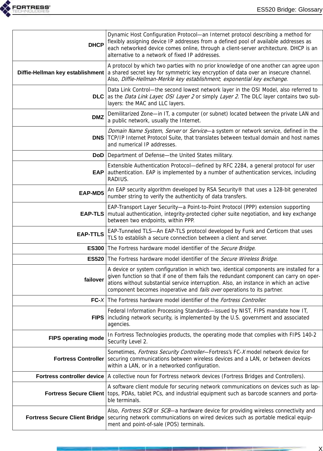 XES520 Bridge: GlossaryDHCPDynamic Host Configuration Protocol—an Internet protocol describing a method for flexibly assigning device IP addresses from a defined pool of available addresses as each networked device comes online, through a client-server architecture. DHCP is an alternative to a network of fixed IP addresses. Diffie-Hellman key establishment A protocol by which two parties with no prior knowledge of one another can agree upon a shared secret key for symmetric key encryption of data over an insecure channel. Also, Diffie-Hellman-Merkle key establishment; exponential key exchange.DLC Data Link Control—the second lowest network layer in the OSI Model, also referred to as the Data Link Layer, OSI Layer 2 or simply Layer 2. The DLC layer contains two sub-layers: the MAC and LLC layers.DMZ Demilitarized Zone—in IT, a computer (or subnet) located between the private LAN and a public network, usually the Internet. DNSDomain Name System, Server or Service—a system or network service, defined in the TCP/IP Internet Protocol Suite, that translates between textual domain and host names and numerical IP addresses.DoD Department of Defense—the United States military.EAP Extensible Authentication Protocol—defined by RFC 2284, a general protocol for user authentication. EAP is implemented by a number of authentication services, including RADIUS. EAP-MD5 An EAP security algorithm developed by RSA Security® that uses a 128-bit generated number string to verify the authenticity of data transfers.EAP-TLS EAP-Transport Layer Security—a Point-to-Point Protocol (PPP) extension supporting mutual authentication, integrity-protected cipher suite negotiation, and key exchange between two endpoints, within PPP.EAP-TTLS EAP-Tunneled TLS—An EAP-TLS protocol developed by Funk and Certicom that uses TLS to establish a secure connection between a client and server.ES300 The Fortress hardware model identifier of the Secure Bridge.ES520 The Fortress hardware model identifier of the Secure Wireless Bridge.failoverA device or system configuration in which two, identical components are installed for a given function so that if one of them fails the redundant component can carry on oper-ations without substantial service interruption. Also, an instance in which an active component becomes inoperative and fails over operations to its partner.FC-XThe Fortress hardware model identifier of the Fortress Controller.FIPS Federal Information Processing Standards—issued by NIST, FIPS mandate how IT, including network security, is implemented by the U.S. government and associated agencies.FIPS operating mode In Fortress Technologies products, the operating mode that complies with FIPS 140-2 Security Level 2.Fortress Controller Sometimes, Fortress Security Controller—Fortress’s FC-X model network device for securing communications between wireless devices and a LAN, or between devices within a LAN, or in a networked configuration.Fortress controller device A collective noun for Fortress network devices (Fortress Bridges and Controllers).Fortress Secure Client A software client module for securing network communications on devices such as lap-tops, PDAs, tablet PCs, and industrial equipment such as barcode scanners and porta-ble terminals.Fortress Secure Client Bridge Also, Fortress SCB or SCB—a hardware device for providing wireless connectivity and securing network communications on wired devices such as portable medical equip-ment and point-of-sale (POS) terminals.