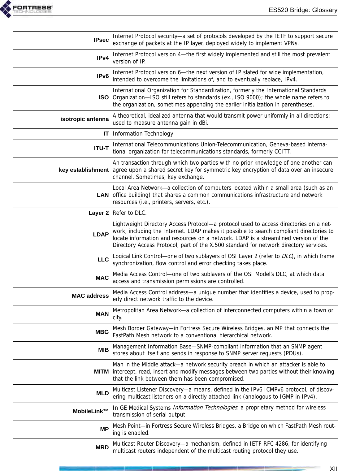 XIIES520 Bridge: GlossaryIPsec Internet Protocol security—a set of protocols developed by the IETF to support secure exchange of packets at the IP layer, deployed widely to implement VPNs.IPv4 Internet Protocol version 4—the first widely implemented and still the most prevalent version of IP.IPv6 Internet Protocol version 6—the next version of IP slated for wide implementation, intended to overcome the limitations of, and to eventually replace, IPv4.ISO International Organization for Standardization, formerly the International Standards Organization—ISO still refers to standards (ex., ISO 9000); the whole name refers to the organization, sometimes appending the earlier initialization in parentheses.isotropic antenna A theoretical, idealized antenna that would transmit power uniformly in all directions; used to measure antenna gain in dBi.IT Information TechnologyITU-T International Telecommunications Union-Telecommunication, Geneva-based interna-tional organization for telecommunications standards, formerly CCITT.key establishment An transaction through which two parties with no prior knowledge of one another can agree upon a shared secret key for symmetric key encryption of data over an insecure channel. Sometimes, key exchange.LAN Local Area Network—a collection of computers located within a small area (such as an office building) that shares a common communications infrastructure and network resources (i.e., printers, servers, etc.).Layer 2 Refer to DLC.LDAPLightweight Directory Access Protocol—a protocol used to access directories on a net-work, including the Internet. LDAP makes it possible to search compliant directories to locate information and resources on a network. LDAP is a streamlined version of the Directory Access Protocol, part of the X.500 standard for network directory services.LLC Logical Link Control—one of two sublayers of OSI Layer 2 (refer to DLC), in which frame synchronization, flow control and error checking takes place.MAC Media Access Control—one of two sublayers of the OSI Model’s DLC, at which data access and transmission permissions are controlled.MAC address Media Access Control address—a unique number that identifies a device, used to prop-erly direct network traffic to the device.MAN Metropolitan Area Network—a collection of interconnected computers within a town or city.MBG Mesh Border Gateway—in Fortress Secure Wireless Bridges, an MP that connects the FastPath Mesh network to a conventional hierarchical network.MIB Management Information Base—SNMP-compliant information that an SNMP agent stores about itself and sends in response to SNMP server requests (PDUs).MITM Man in the Middle attack—a network security breach in which an attacker is able to intercept, read, insert and modify messages between two parties without their knowing that the link between them has been compromised.MLD Multicast Listener Discovery—a means, defined in the IPv6 ICMPv6 protocol, of discov-ering multicast listeners on a directly attached link (analogous to IGMP in IPv4). MobileLink™ In GE Medical Systems Information Technologies, a proprietary method for wireless transmission of serial output.MP Mesh Point—in Fortress Secure Wireless Bridges, a Bridge on which FastPath Mesh rout-ing is enabled.MRD Multicast Router Discovery—a mechanism, defined in IETF RFC 4286, for identifying multicast routers independent of the multicast routing protocol they use.