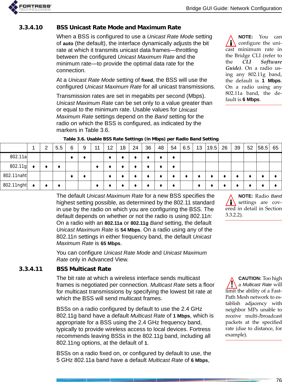 Bridge GUI Guide: Network Configuration763.3.4.10 BSS Unicast Rate Mode and Maximum RateNOTE: You canconfigure the uni-cast minimum rate inthe Bridge CLI (refer tothe  CLI SoftwareGuide). On a radio us-ing any 802.11g band,the default is 1 Mbps.On a radio using any802.11a band, the de-fault is 6 Mbps. When a BSS is configured to use a Unicast Rate Mode setting of auto (the default), the interface dynamically adjusts the bit rate at which it transmits unicast data frames—throttling between the configured Unicast Maximum Rate and the minimum rate—to provide the optimal data rate for the connection.At a Unicast Rate Mode setting of fixed, the BSS will use the configured Unicast Maximum Rate for all unicast transmissions.Transmission rates are set in megabits per second (Mbps). Unicast Maximum Rate can be set only to a value greater than or equal to the minimum rate. Usable values for Unicast Maximum Rate settings depend on the Band setting for the radio on which the BSS is configured, as indicated by the markers in Table 3.6.NOTE: Radio Bandsettings are cov-ered in detail in Section3.3.2.2).The default Unicast Maximum Rate for a new BSS specifies the highest setting possible, as determined by the 802.11 standard in use by the radio on which you are configuring the BSS. The default depends on whether or not the radio is using 802.11n: On a radio with an 802.11a or 802.11g Band setting, the default Unicast Maximum Rate is 54 Mbps. On a radio using any of the 802.11n settings in either frequency band, the default Unicast Maximum Rate is 65 Mbps. You can configure Unicast Rate Mode and Unicast Maximum Rate only in Advanced View.3.3.4.11 BSS Multicast RateCAUTION: Too higha Multicast Rate willlimit the ability of a Fast-Path Mesh network to es-tablish adjacency withneighbor MPs unable toreceive multi-/broadcastpackets at the specifiedrate (due to distance, forexample).The bit rate at which a wireless interface sends multicast frames is negotiated per connection. Multicast Rate sets a floor for multicast transmissions by specifying the lowest bit rate at which the BSS will send multicast frames.BSSs on a radio configured by default to use the 2.4 GHz 802.11g band have a default Multicast Rate of 1 Mbps, which is appropriate for a BSS using the 2.4 GHz frequency band, typically to provide wireless access to local devices. Fortress recommends leaving BSSs in the 802.11g band, including all 802.11ng options, at the default of 1.BSSs on a radio fixed on, or configured by default to use, the 5 GHz 802.11a band have a default Multicast Rate of 6 Mbps, Table 3.6. Usable BSS Rate Settings (in Mbps) per Radio Band Setting1 2 5.5 6 9 11 12 18 24 36 48 54 6.5 13 19.5 26 39 52 58.5 65802.11a  802.11g  802.11naht  802.11nght   