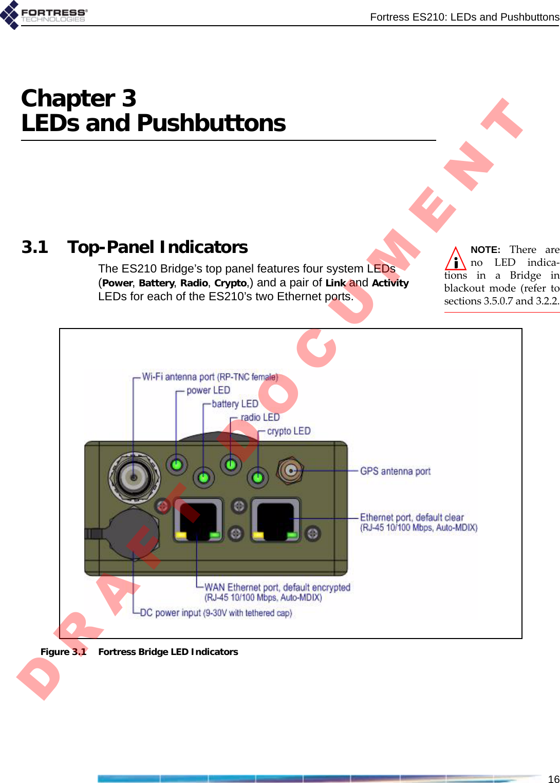 Fortress ES210: LEDs and Pushbuttons16Chapter 3LEDs and PushbuttonsNOTE:TherearenoLEDindica‐tionsinaBridgeinblackoutmode(refertosections3.5.0.7and3.2.2.3.1 Top-Panel IndicatorsThe ES210 Bridge’s top panel features four system LEDs (Power, Battery, Radio, Crypto,) and a pair of Link and Activity LEDs for each of the ES210’s two Ethernet ports.Figure 3.1 Fortress Bridge LED IndicatorsD R A F T   D O C U M E N T