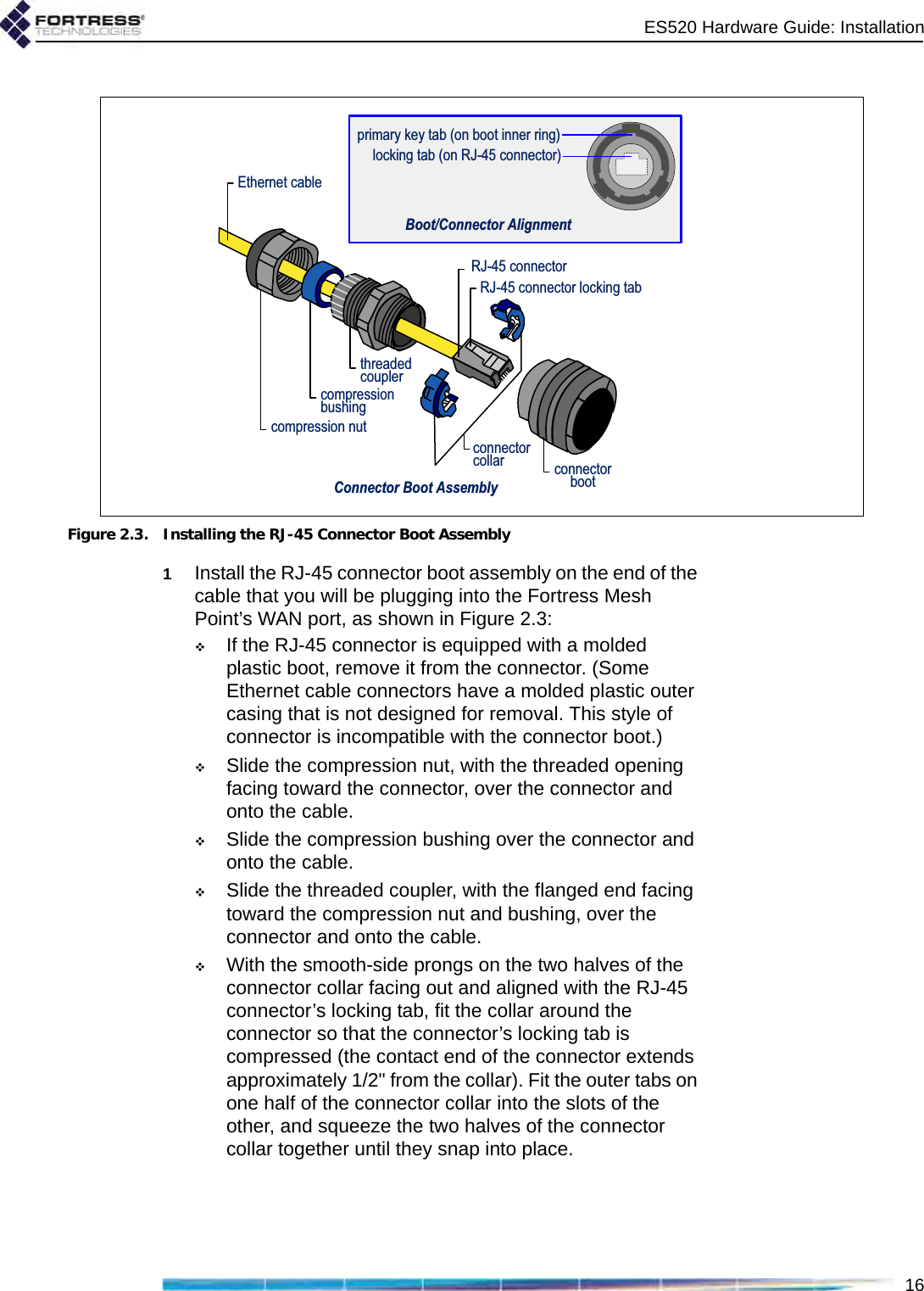 ES520 Hardware Guide: Installation16Figure 2.3. Installing the RJ-45 Connector Boot Assembly1Install the RJ-45 connector boot assembly on the end of the cable that you will be plugging into the Fortress Mesh Point’s WAN port, as shown in Figure 2.3:If the RJ-45 connector is equipped with a molded plastic boot, remove it from the connector. (Some Ethernet cable connectors have a molded plastic outer casing that is not designed for removal. This style of connector is incompatible with the connector boot.)Slide the compression nut, with the threaded opening facing toward the connector, over the connector and onto the cable.Slide the compression bushing over the connector and onto the cable.Slide the threaded coupler, with the flanged end facing toward the compression nut and bushing, over the connector and onto the cable.With the smooth-side prongs on the two halves of the connector collar facing out and aligned with the RJ-45 connector’s locking tab, fit the collar around the connector so that the connector’s locking tab is compressed (the contact end of the connector extends approximately 1/2&quot; from the collar). Fit the outer tabs on one half of the connector collar into the slots of the other, and squeeze the two halves of the connector collar together until they snap into place.compression nutcompression bushingthreaded couplerconnector collar connector bootRJ-45 connectorRJ-45 connector locking tabEthernet cableBoot/Connector Alignmentlocking tab (on RJ-45 connector)primary key tab (on boot inner ring)Connector Boot Assembly