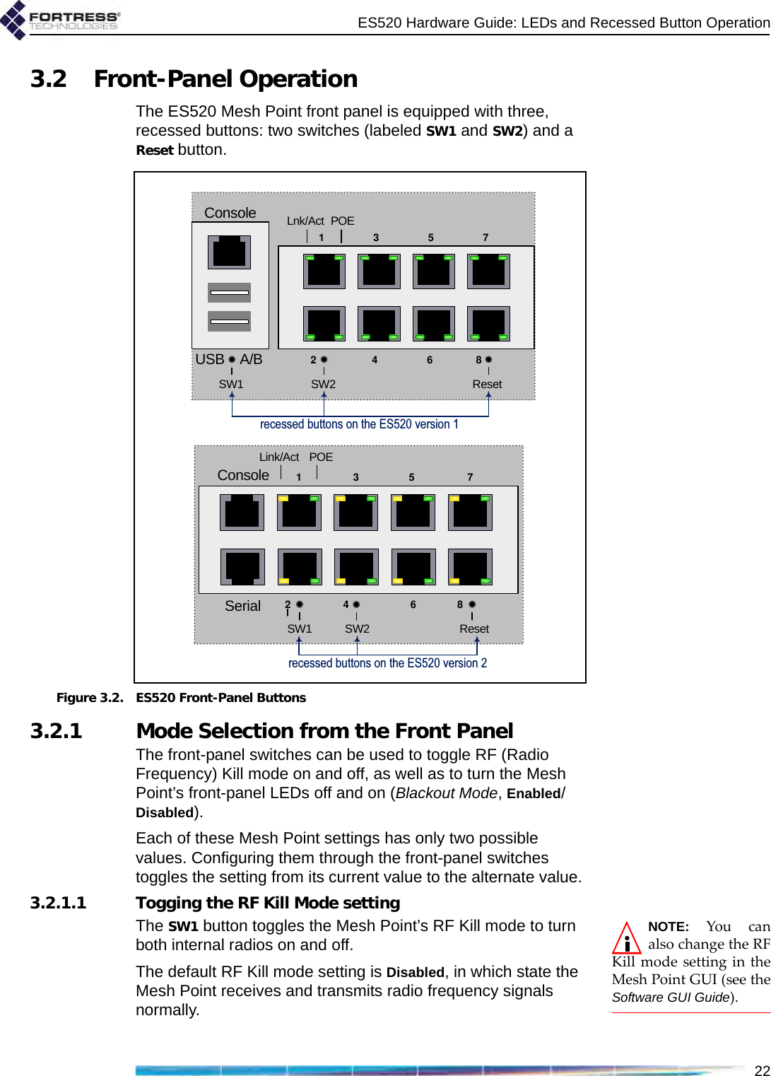 ES520 Hardware Guide: LEDs and Recessed Button Operation223.2 Front-Panel OperationThe ES520 Mesh Point front panel is equipped with three, recessed buttons: two switches (labeled SW1 and SW2) and a Reset button.Figure 3.2. ES520 Front-Panel Buttons3.2.1 Mode Selection from the Front PanelThe front-panel switches can be used to toggle RF (Radio Frequency) Kill mode on and off, as well as to turn the Mesh Point’s front-panel LEDs off and on (Blackout Mode, Enabled/Disabled).Each of these Mesh Point settings has only two possible values. Configuring them through the front-panel switches toggles the setting from its current value to the alternate value.3.2.1.1 Togging the RF Kill Mode settingNOTE: You canalso change the RFKill mode setting in theMesh Point GUI (see theSoftware GUI Guide).The SW1 button toggles the Mesh Point’s RF Kill mode to turn both internal radios on and off. The default RF Kill mode setting is Disabled, in which state the Mesh Point receives and transmits radio frequency signals normally. Console 1273468SW2 ResetSW1Link/Act POESerial5recessed buttons on the ES520 version 2recessed buttons on the ES520 version 1ConsoleUSB A/B15273468SW1 ResetSW2Lnk/Act POE