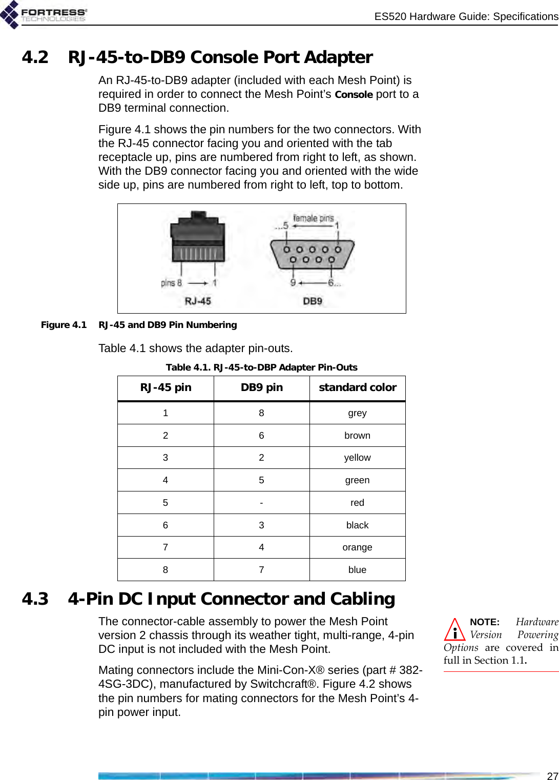 ES520 Hardware Guide: Specifications274.2 RJ-45-to-DB9 Console Port AdapterAn RJ-45-to-DB9 adapter (included with each Mesh Point) is required in order to connect the Mesh Point’s Console port to a DB9 terminal connection.Figure 4.1 shows the pin numbers for the two connectors. With the RJ-45 connector facing you and oriented with the tab receptacle up, pins are numbered from right to left, as shown. With the DB9 connector facing you and oriented with the wide side up, pins are numbered from right to left, top to bottom.Figure 4.1 RJ-45 and DB9 Pin NumberingTable 4.1 shows the adapter pin-outs.4.3 4-Pin DC Input Connector and CablingNOTE: HardwareVersion PoweringOptions are covered infull in Section 1.1.The connector-cable assembly to power the Mesh Point version 2 chassis through its weather tight, multi-range, 4-pin DC input is not included with the Mesh Point.Mating connectors include the Mini-Con-X® series (part # 382-4SG-3DC), manufactured by Switchcraft®. Figure 4.2 shows the pin numbers for mating connectors for the Mesh Point’s 4-pin power input.Table 4.1. RJ-45-to-DBP Adapter Pin-OutsRJ-45 pin DB9 pin standard color1 8 grey26brown32yellow4 5 green5-red6 3 black7 4 orange87blue