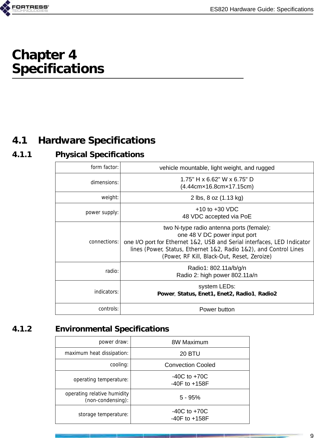 ES820 Hardware Guide: Specifications9Chapter 4Specifications4.1 Hardware Specifications4.1.1 Physical Specifications4.1.2 Environmental Specificationsform factor: vehicle mountable, light weight, and ruggeddimensions: 1.75&quot; H x 6.62&quot; W x 6.75&quot; D(4.44cm×16.8cm×17.15cm)weight: 2 lbs, 8 oz (1.13 kg)power supply: +10 to +30 VDC48 VDC accepted via PoEconnections:two N-type radio antenna ports (female):one 48 V DC power input portone I/O port for Ethernet 1&amp;2, USB and Serial interfaces, LED Indicator lines (Power, Status, Ethernet 1&amp;2, Radio 1&amp;2), and Control Lines (Power, RF Kill, Black-Out, Reset, Zeroize)radio: Radio1: 802.11a/b/g/nRadio 2: high power 802.11a/nindicators: system LEDs:Power, Status, Enet1, Enet2, Radio1, Radio2controls: Power buttonpower draw: 8W Maximummaximum heat dissipation: 20 BTUcooling: Convection Cooledoperating temperature: -40C to +70C-40F to +158Foperating relative humidity(non-condensing): 5 - 95%storage temperature: -40C to +70C-40F to +158F