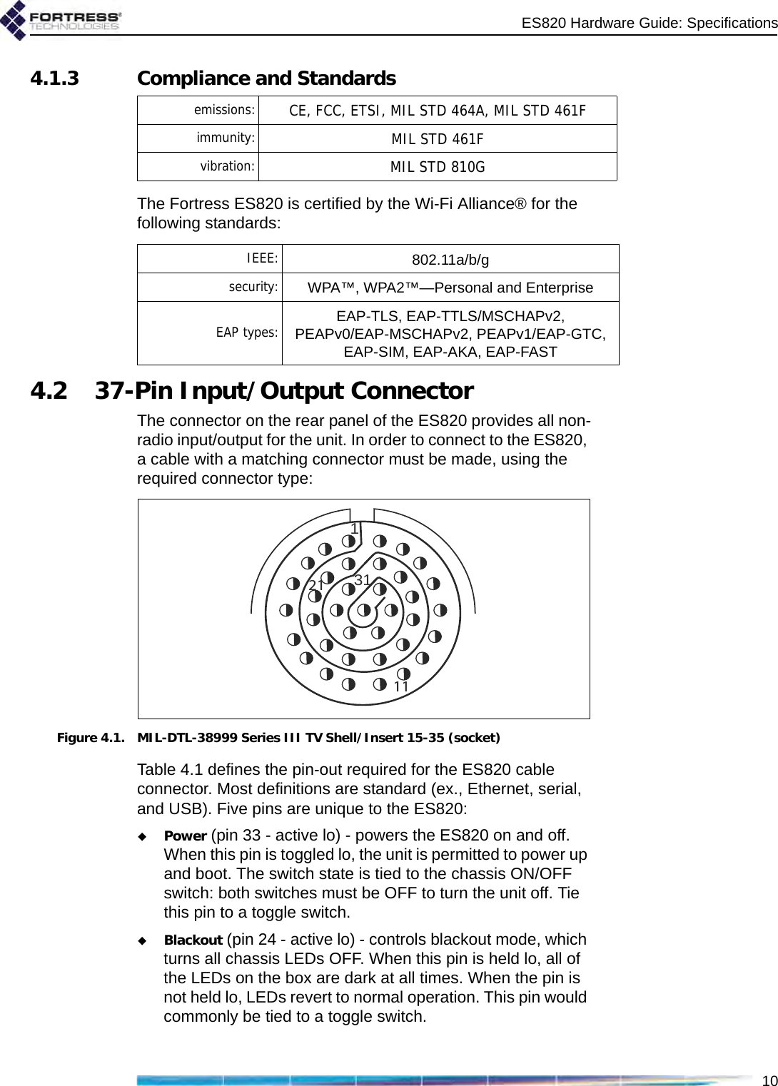 ES820 Hardware Guide: Specifications104.1.3 Compliance and Standards The Fortress ES820 is certified by the Wi-Fi Alliance® for the following standards: 4.2 37-Pin Input/Output ConnectorThe connector on the rear panel of the ES820 provides all non-radio input/output for the unit. In order to connect to the ES820, a cable with a matching connector must be made, using the required connector type:Figure 4.1. MIL-DTL-38999 Series III TV Shell/Insert 15-35 (socket)Table 4.1 defines the pin-out required for the ES820 cable connector. Most definitions are standard (ex., Ethernet, serial, and USB). Five pins are unique to the ES820:Power (pin 33 - active lo) - powers the ES820 on and off. When this pin is toggled lo, the unit is permitted to power up and boot. The switch state is tied to the chassis ON/OFF switch: both switches must be OFF to turn the unit off. Tie this pin to a toggle switch.Blackout (pin 24 - active lo) - controls blackout mode, which turns all chassis LEDs OFF. When this pin is held lo, all of the LEDs on the box are dark at all times. When the pin is not held lo, LEDs revert to normal operation. This pin would commonly be tied to a toggle switch.emissions: CE, FCC, ETSI, MIL STD 464A, MIL STD 461Fimmunity: MIL STD 461Fvibration: MIL STD 810GIEEE: 802.11a/b/gsecurity: WPA™, WPA2™—Personal and EnterpriseEAP types: EAP-TLS, EAP-TTLS/MSCHAPv2, PEAPv0/EAP-MSCHAPv2, PEAPv1/EAP-GTC,EAP-SIM, EAP-AKA, EAP-FAST121 3111