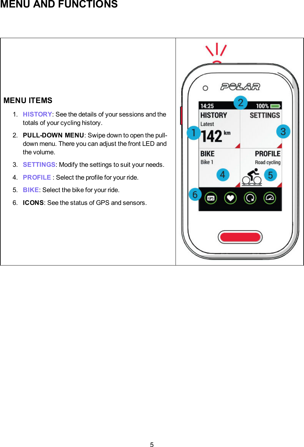 5MENU AND FUNCTIONSMENU ITEMS1. HISTORY: See the details of your sessions and thetotals of your cycling history.2. PULL-DOWNMENU: Swipe down to open the pull-down menu. There you can adjust the front LED andthe volume.3. SETTINGS: Modify the settings to suit your needs.4. PROFILE : Select the profile for your ride.5. BIKE: Select the bike for your ride.6. ICONS: See the status of GPS and sensors.