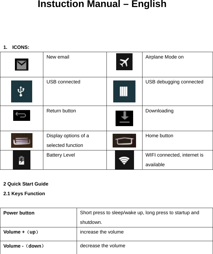              Instuction Manual &ndash; English    1.  ICONS:   New email  Airplane Mode on  USB connected  USB debugging connected  Return button  Downloading  Display options of a selected function   Home button  Battery Level  WIFI connected, internet is available  2 Quick Start Guide 2.1 Keys Function  Power button  Short press to sleep/wake up, long press to startup and shutdown. Volume +（up） increase the volume Volume -（down） decrease the volume 