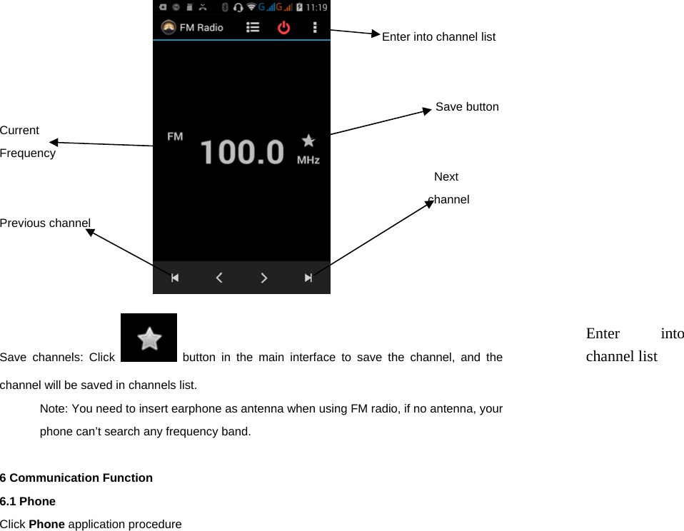                                                             Enter into channel list                                                                       Save button Current Frequency                                                                          Next channel Previous channel    Save channels: Click   button in the main interface to save the channel, and the channel will be saved in channels list. Note: You need to insert earphone as antenna when using FM radio, if no antenna, your phone can&rsquo;t search any frequency band.   6 Communication Function 6.1 Phone Click Phone application procedure          Enter into channel list 