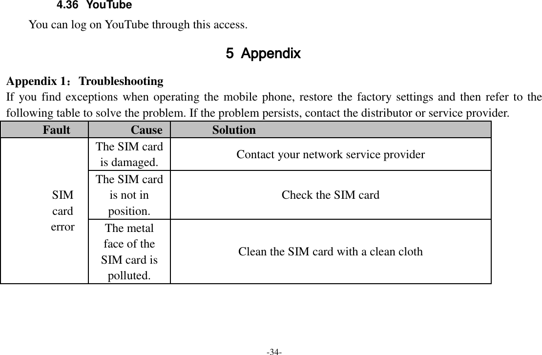 -34- 4.36  YouTube      You can log on YouTube through this access. 5 Appendix Appendix 1：Troubleshooting If you find exceptions when operating the mobile phone, restore the factory settings and then refer to the following table to solve the problem. If the problem persists, contact the distributor or service provider. Fault Cause Solution SIM card error The SIM card is damaged. Contact your network service provider The SIM card is not in position. Check the SIM card The metal face of the SIM card is polluted. Clean the SIM card with a clean cloth 