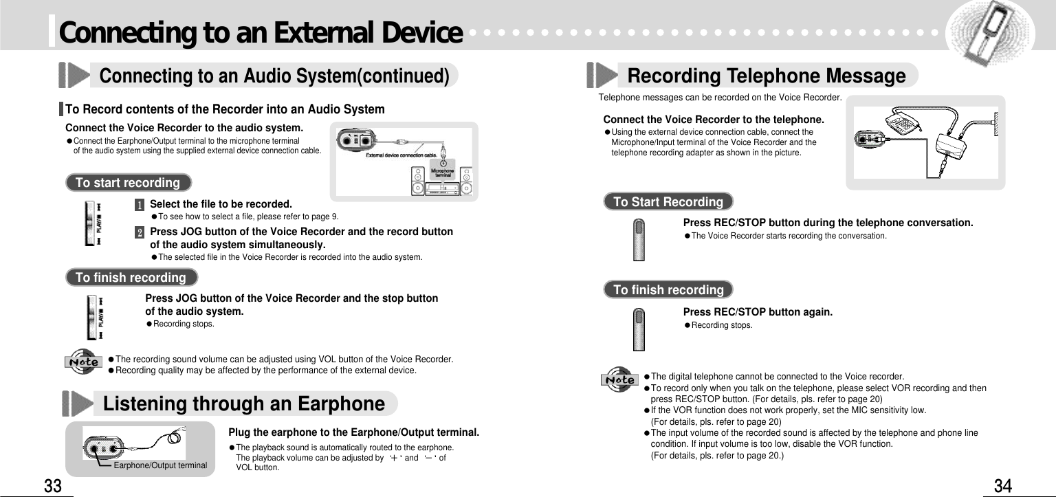 Recording Telephone MessageTelephone messages can be recorded on the Voice Recorder.Connect the Voice Recorder to the telephone.Using the external device connection cable, connect theMicrophone/Input terminal of the Voice Recorder and thetelephone recording adapter as shown in the picture.Press REC/STOP button during the telephone conversation.The Voice Recorder starts recording the conversation.Press REC/STOP button again.Recording stops.The digital telephone cannot be connected to the Voice recorder. To record only when you talk on the telephone, please select VOR recording and thenpress REC/STOP button. (For details, pls. refer to page 20)If the VOR function does not work properly, set the MIC sensitivity low.(For details, pls. refer to page 20)The input volume of the recorded sound is affected by the telephone and phone linecondition. If input volume is too low, disable the VOR function.(For details, pls. refer to page 20.) To Start RecordingTo finish recordingConnect the Voice Recorder to the audio system. Connect the Earphone/Output terminal to the microphone terminal of the audio system using the supplied external device connection cable. Select the file to be recorded.To see how to select a file, please refer to page 9. Press JOG button of the Voice Recorder and the record button of the audio system simultaneously. The selected file in the Voice Recorder is recorded into the audio system. Press JOG button of the Voice Recorder and the stop button of the audio system.Recording stops. The recording sound volume can be adjusted using VOL button of the Voice Recorder. Recording quality may be affected by the performance of the external device. To start recordingTo finish recordingListening through an EarphonePlug the earphone to the Earphone/Output terminal. The playback sound is automatically routed to the earphone.The playback volume can be adjusted by  and ofVOL button.Earphone/Output terminalConnecting to an External DeviceConnecting to an Audio System(continued)To Record contents of the Recorder into an Audio System 