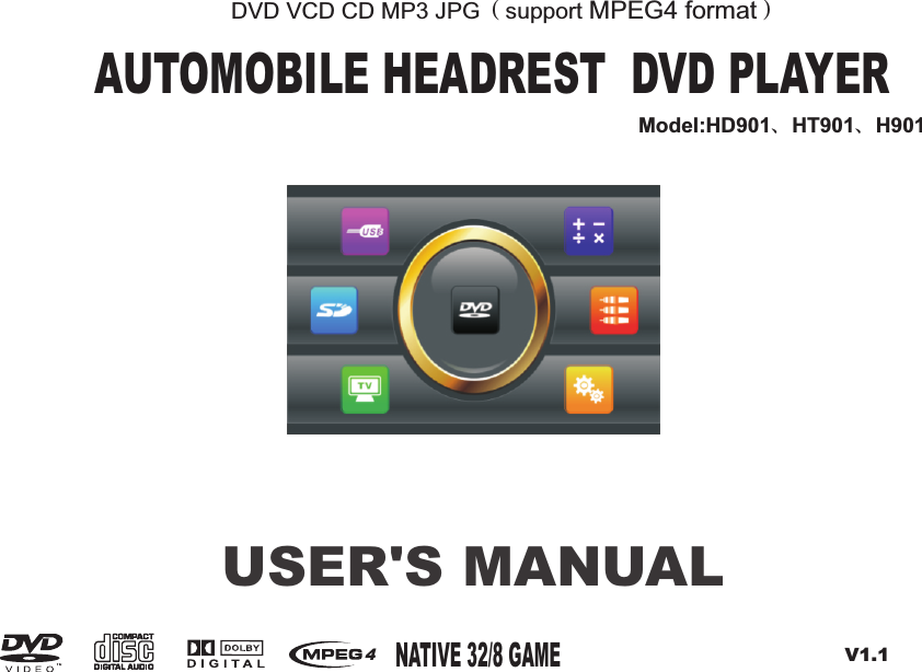 USER'S MANUALAUTOMOBILE HEADREST  DVD PLAYERDVD VCD CD MP3 JPG（support MPEG4 format）4V1.1NATIVE 32/8 GAME     Model:HD901、HT901、H901