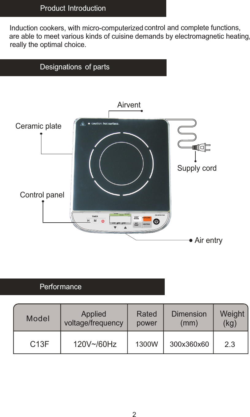 Product IntroductionPerformanceApplied voltage/frequencyRated powerDimension Weight(mm) (kg)        C13F           120V~/60HzDesignations of partsCeramic plateAirventAir entrySupply cord2Induction cookers, with micro-computerized control and complete functions, are able to meet various kinds of cuisine demands by electromagnetic heating, really the optimal choice.Control panelModel1300W 300x360x60 2.3PopcornHMTIMERLOWMEDHIGHSET TEMPPOPC ORNKEEP WAR M KEEPWARMP OP CO RN  SETTEMP HEATINGPAN DETECTIO N