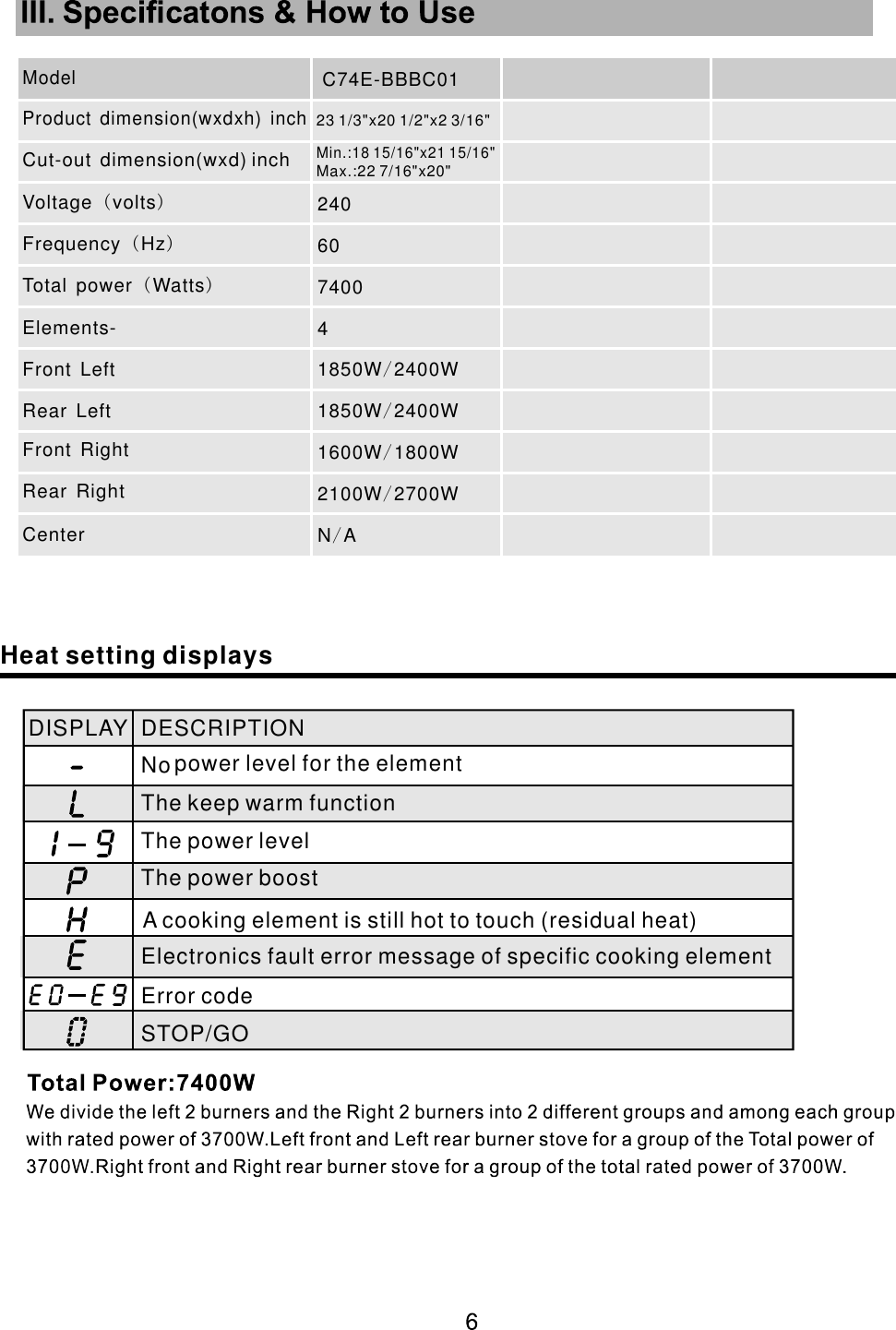 Heat setting displaysDISPLAY DESCRIPTION  No power level for the element The keep warm function The power level The power boost A cooking element is still hot to touch (residual heat)  Electronics fault error message of specific cooking element Error code STOP/GO C74E-BBBC01Product dimension wxdxh inch   ( )Cut-out dimension(wxd) inch Voltage volts ( )Frequency Hz ( )Total power Watts   ( )Elements- Front Left Rear Left Front Right Rear Right CenterModel23 1/3&quot;x20 1/2&quot;x2 3/16&quot;Min.:18 15/16&quot;x21 15/16&quot;Max.:22 7/16&quot;x20&quot;24060740041850W 2400W/1850W 2400W/1600W 1800W/2100W 2700W/N A/