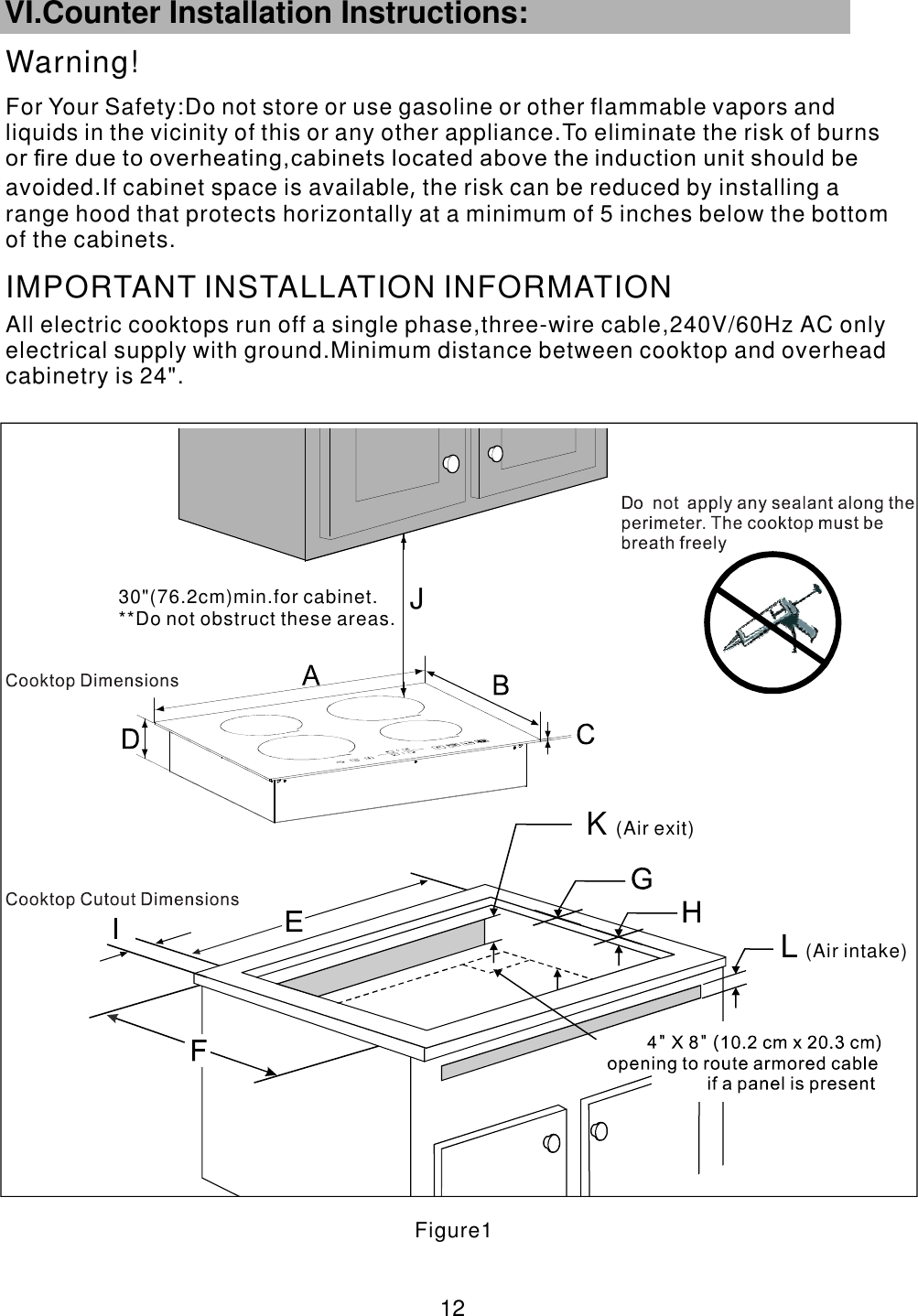 VI.Counter Installation Instructions:   Warning!For Your Safety:Do not store or use gasoline or other flammable vapors and liquids in the vicinity of this or  any other appliance.To eliminate the risk of burnsor ﬁre due to overheating,cabinets located above the induction unit should beavoided.If cabinet space is available the risk can be reduced by installing a range hood that protects horizontally at a minimum of 5 inches below the bottomof the cabinets.                                            ,                                                IMPORTANT INSTALLATION INFORMATIONFigure1 12 J30&quot;(76.2cm)min.for cabinet.**Do not obstruct these areas.K (Air exit)L (Air intake)All electric cooktops run off a single phase,three-wire cable,240V/60Hz AC onlyelectrical supply                        with ground.Minimum distance between cooktop and overheadcabinetry is 24&quot;.                  