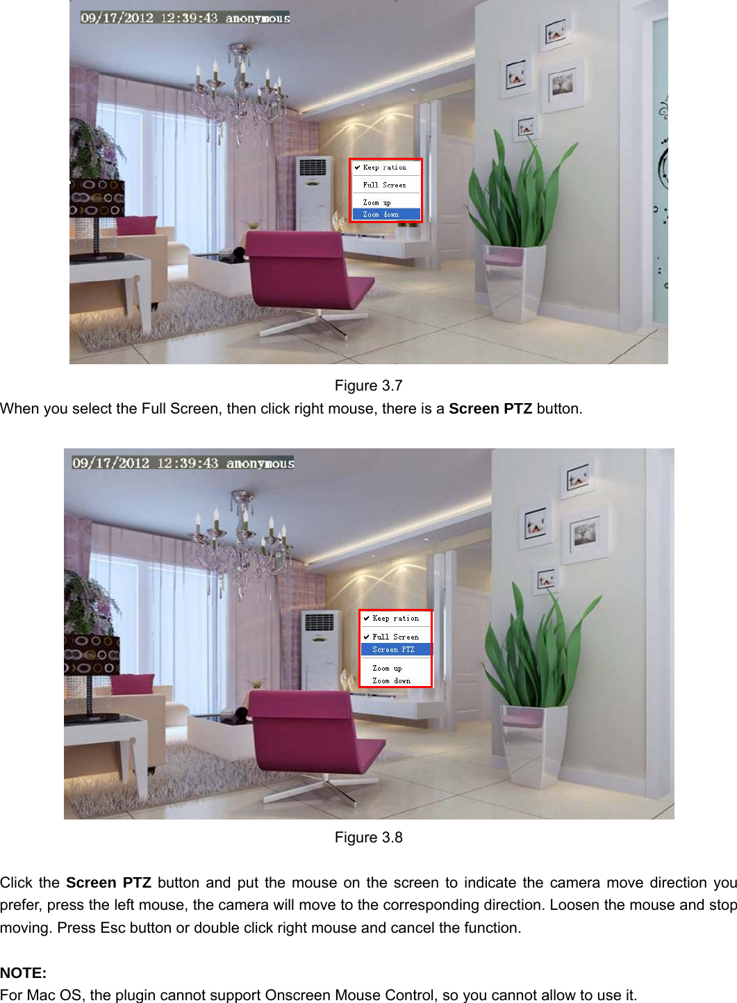                                                        26 26  Figure 3.7 When you select the Full Screen, then click right mouse, there is a Screen PTZ button.   Figure 3.8  Click the Screen PTZ button and put the mouse on the screen to indicate the camera move direction you prefer, press the left mouse, the camera will move to the corresponding direction. Loosen the mouse and stop moving. Press Esc button or double click right mouse and cancel the function.  NOTE:  For Mac OS, the plugin cannot support Onscreen Mouse Control, so you cannot allow to use it. 