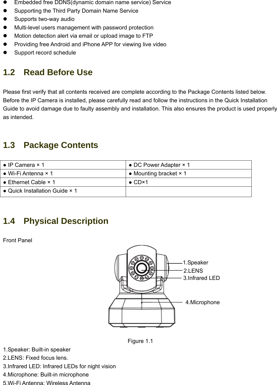                                                        22 z  Embedded free DDNS(dynamic domain name service) Service z  Supporting the Third Party Domain Name Service   z  Supports two-way audio z  Multi-level users management with password protection z  Motion detection alert via email or upload image to FTP z  Providing free Android and iPhone APP for viewing live video   z  Support record schedule 1.2  Read Before Use Please first verify that all contents received are complete according to the Package Contents listed below. Before the IP Camera is installed, please carefully read and follow the instructions in the Quick Installation Guide to avoid damage due to faulty assembly and installation. This also ensures the product is used properly as intended.  1.3  Package Contents ● IP Camera × 1  ● DC Power Adapter × 1 ● Wi-Fi Antenna × 1  ● Mounting bracket × 1 ● Ethernet Cable × 1  ● CD×1 ● Quick Installation Guide × 1    1.4  Physical Description Front Panel    Figure 1.1 1.Speaker: Built-in speaker 2.LENS: Fixed focus lens.   3.Infrared LED: Infrared LEDs for night vision 4.Microphone: Built-in microphone 5.Wi-Fi Antenna: Wireless Antenna 1.Speaker 2.LENS 3.Infrared LED 4.Microphone 