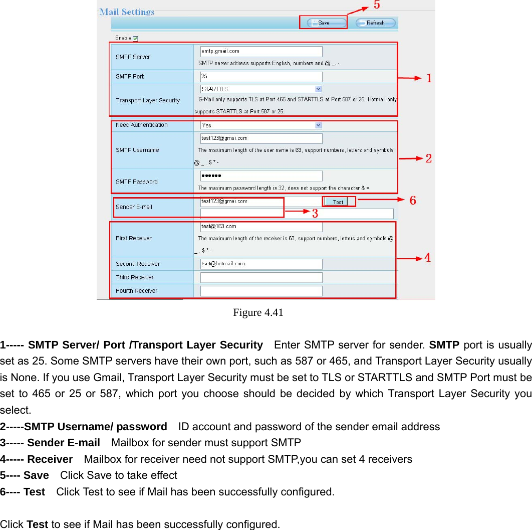                                                        52 52  Figure 4.41   1----- SMTP Server/ Port /Transport Layer Security    Enter SMTP server for sender. SMTP port is usually set as 25. Some SMTP servers have their own port, such as 587 or 465, and Transport Layer Security usually is None. If you use Gmail, Transport Layer Security must be set to TLS or STARTTLS and SMTP Port must be set to 465 or 25 or 587, which port you choose should be decided by which Transport Layer Security you select. 2-----SMTP Username/ password    ID account and password of the sender email address 3----- Sender E-mail    Mailbox for sender must support SMTP 4----- Receiver    Mailbox for receiver need not support SMTP,you can set 4 receivers     5---- Save    Click Save to take effect 6---- Test    Click Test to see if Mail has been successfully configured.  Click Test to see if Mail has been successfully configured.   