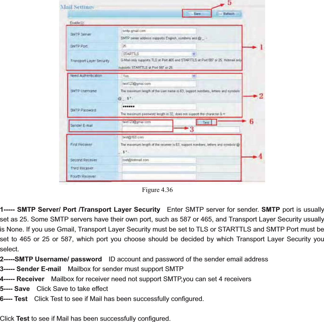                                                    53 53Figure 4.361----- SMTP Server/ Port /Transport Layer Security  Enter SMTP server for sender. SMTP port is usually set as 25. Some SMTP servers have their own port, such as 587 or 465, and Transport Layer Security usually is None. If you use Gmail, Transport Layer Security must be set to TLS or STARTTLS and SMTP Port must be set to 465 or 25 or 587, which port you choose should be decided by which Transport Layer Security you select. 2-----SMTP Username/ password    ID account and password of the sender email address 3----- Sender E-mail    Mailbox for sender must support SMTP 4----- Receiver    Mailbox for receiver need not support SMTP,you can set 4 receivers     5---- Save    Click Save to take effect 6---- Test    Click Test to see if Mail has been successfully configured. Click Test to see if Mail has been successfully configured.   