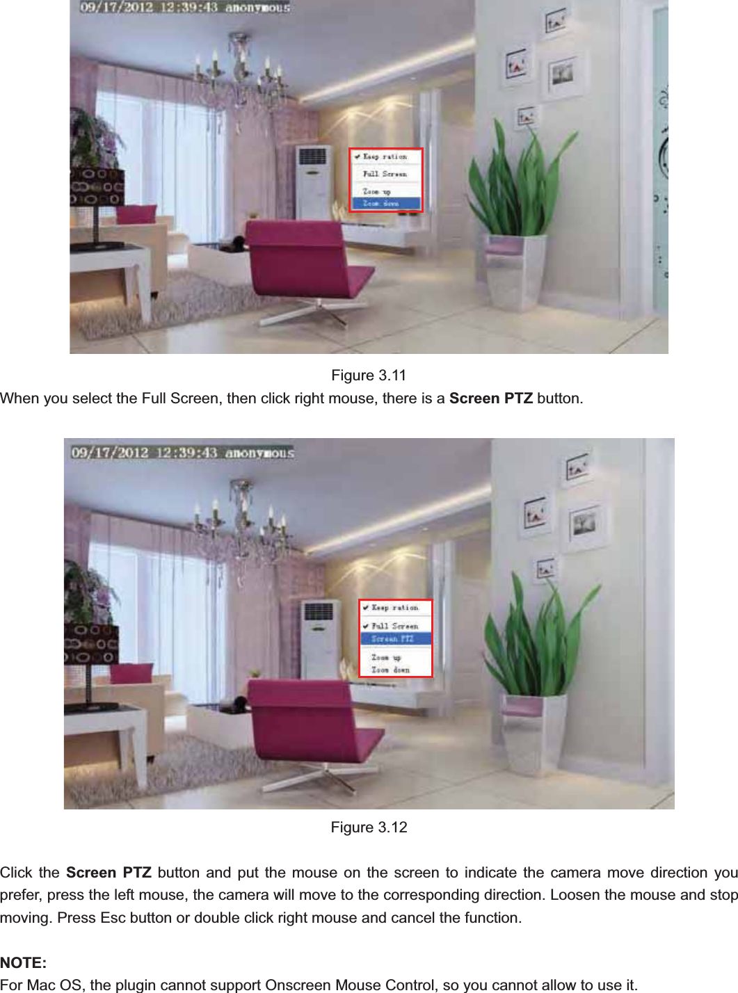                                                    30 30Figure 3.11 When you select the Full Screen, then click right mouse, there is a Screen PTZ button. Figure 3.12 Click the Screen PTZ button and put the mouse on the screen to indicate the camera move direction you prefer, press the left mouse, the camera will move to the corresponding direction. Loosen the mouse and stop moving. Press Esc button or double click right mouse and cancel the function. NOTE:For Mac OS, the plugin cannot support Onscreen Mouse Control, so you cannot allow to use it. 