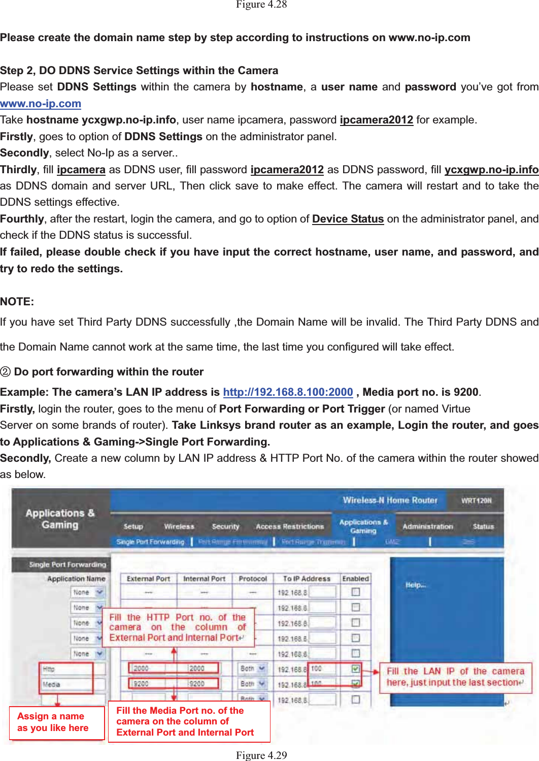                                                    49 49Figure 4.28Please create the domain name step by step according to instructions on www.no-ip.comStep 2, DO DDNS Service Settings within the CameraPlease set DDNS Settings within the camera by hostname, a user name and password you’ve got from www.no-ip.comTake hostname ycxgwp.no-ip.info, user name ipcamera, password ipcamera2012 for example. Firstly, goes to option of DDNS Settings on the administrator panel. Secondly, select No-Ip as a server.. Thirdly, fill ipcamera as DDNS user, fill password ipcamera2012 as DDNS password, fill ycxgwp.no-ip.infoas DDNS domain and server URL, Then click save to make effect. The camera will restart and to take the DDNS settings effective. Fourthly, after the restart, login the camera, and go to option of Device Status on the administrator panel, and check if the DDNS status is successful.   If failed, please double check if you have input the correct hostname, user name, and password, and try to redo the settings.NOTE:If you have set Third Party DDNS successfully ,the Domain Name will be invalid. The Third Party DDNS and the Domain Name cannot work at the same time, the last time you configured will take effect.  Dĸo port forwarding within the routerExample: The camera’s LAN IP address is http://192.168.8.100:2000 , Media port no. is 9200.Firstly, login the router, goes to the menu of Port Forwarding or Port Trigger (or named Virtue Server on some brands of router). Take Linksys brand router as an example, Login the router, and goes to Applications &amp; Gaming-&gt;Single Port Forwarding. Secondly, Create a new column by LAN IP address &amp; HTTP Port No. of the camera within the router showed as below.   Figure 4.29Assign a name as you like here Fill the Media Port no. of the camera on the column of External Port and Internal Port