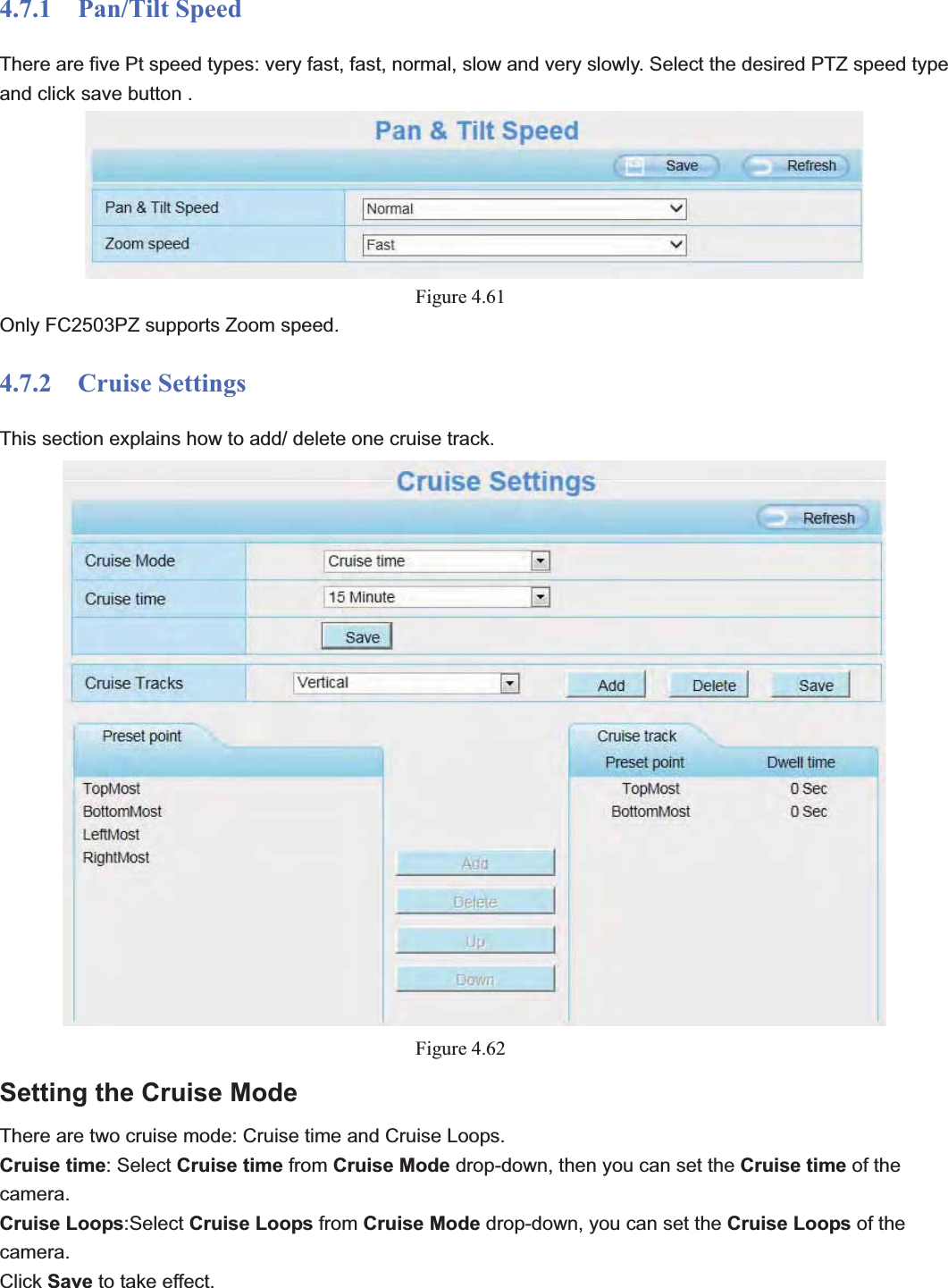                                                    71 714.7.1  Pan/Tilt Speed There are five Pt speed types: very fast, fast, normal, slow and very slowly. Select the desired PTZ speed type and click save button . Figure 4.61Only FC2503PZ supports Zoom speed. 4.7.2  Cruise Settings This section explains how to add/ delete one cruise track. Figure 4.62Setting the Cruise Mode There are two cruise mode: Cruise time and Cruise Loops. Cruise time: Select Cruise time from Cruise Mode drop-down, then you can set the Cruise time of the camera.Cruise Loops:Select Cruise Loops from Cruise Mode drop-down, you can set the Cruise Loops of the camera.Click Save to take effect. 