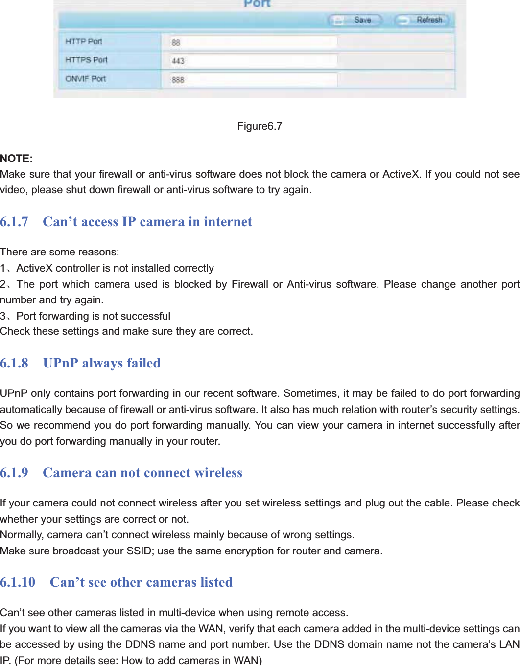                                                    88 88Figure6.7 NOTE:Make sure that your firewall or anti-virus software does not block the camera or ActiveX. If you could not see video, please shut down firewall or anti-virus software to try again. 6.1.7    Can’t access IP camera in internet There are some reasons: 1ǃActiveX controller is not installed correctly   2ǃThe port which camera used is blocked by Firewall or Anti-virus software. Please change another port number and try again. 3ǃPort forwarding is not successful Check these settings and make sure they are correct. 6.1.8  UPnP always failed UPnP only contains port forwarding in our recent software. Sometimes, it may be failed to do port forwarding automatically because of firewall or anti-virus software. It also has much relation with router’s security settings. So we recommend you do port forwarding manually. You can view your camera in internet successfully after you do port forwarding manually in your router. 6.1.9    Camera can not connect wireless If your camera could not connect wireless after you set wireless settings and plug out the cable. Please check whether your settings are correct or not. Normally, camera can’t connect wireless mainly because of wrong settings. Make sure broadcast your SSID; use the same encryption for router and camera.   6.1.10    Can’t see other cameras listed Can’t see other cameras listed in multi-device when using remote access. If you want to view all the cameras via the WAN, verify that each camera added in the multi-device settings can be accessed by using the DDNS name and port number. Use the DDNS domain name not the camera’s LAN IP. (For more details see: How to add cameras in WAN) 