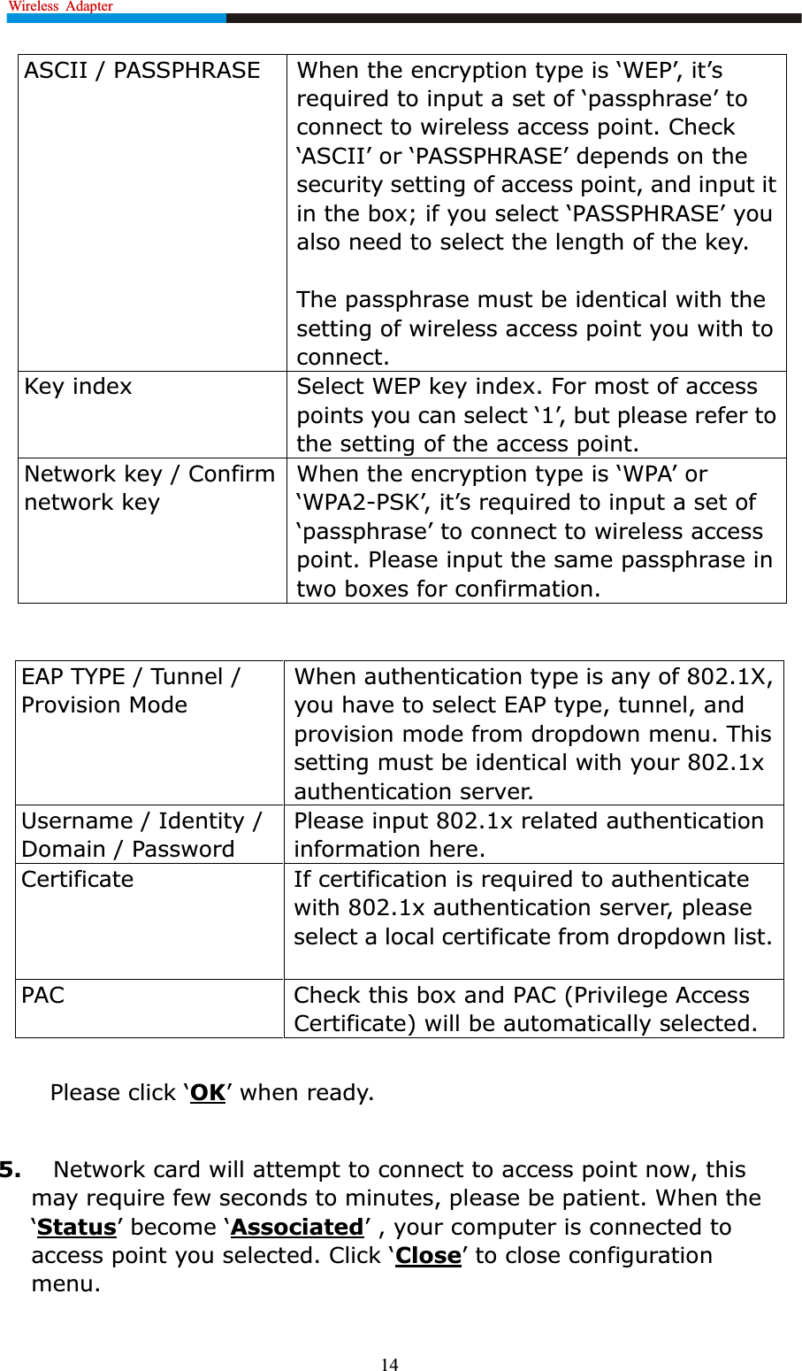 Wireless  Adapter                                                              14ASCII / PASSPHRASE :KHQWKHHQFU\SWLRQW\SHLVµ:(3¶LW¶VUHTXLUHGWRLQSXWDVHWRIµSDVVSKUDVH¶WRconnect to wireless access point. Check µ$6&amp;,,¶RUµ3$663+5$6(¶GHSHQGVRQWKHsecurity setting of access point, and input it LQWKHER[LI\RXVHOHFWµ3$663+5$6(¶\RXalso need to select the length of the key. The passphrase must be identical with the setting of wireless access point you with to connect.Key index Select WEP key index. For most of access SRLQWV\RXFDQVHOHFWµ¶EXWSOHDVHUHIHUWRthe setting of the access point.Network key / Confirm network key:KHQWKHHQFU\SWLRQW\SHLVµ:3$¶RUµ:3$-36.¶LW¶VUHTXLUHGWRLQSXWDVHWRIµSDVVSKUDVH¶WRFRQQHFWWRZLUHOHVVDFFHVVpoint. Please input the same passphrase in two boxes for confirmation.EAP TYPE / Tunnel /Provision ModeWhen authentication type is any of 802.1X, you have to select EAP type, tunnel, and provision mode from dropdown menu. This setting must be identical with your 802.1x authentication server.Username / Identity / Domain / PasswordPlease input 802.1x related authentication information here.Certificate If certification is required to authenticate with 802.1x authentication server, please select a local certificate from dropdown list.PAC Check this box and PAC (Privilege Access Certificate) will be automatically selected.3OHDVHFOLFNµOK¶ZKHQUHDG\5. Network card will attempt to connect to access point now, this may require few seconds to minutes, please be patient. When the µStatus¶EHFRPHµAssociated¶, your computer is connected to DFFHVVSRLQW\RXVHOHFWHG&amp;OLFNµClose¶WRFORVHFRQILJXUDWLRQmenu.