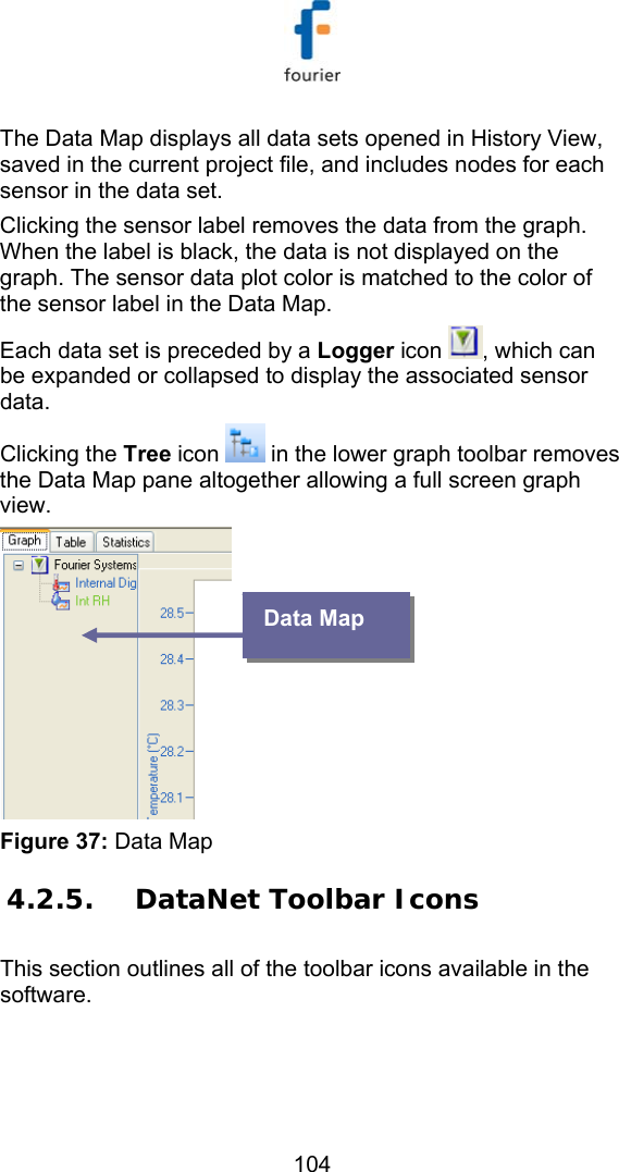   104 The Data Map displays all data sets opened in History View, saved in the current project file, and includes nodes for each sensor in the data set.  Clicking the sensor label removes the data from the graph. When the label is black, the data is not displayed on the graph. The sensor data plot color is matched to the color of the sensor label in the Data Map.  Each data set is preceded by a Logger icon  , which can be expanded or collapsed to display the associated sensor data. Clicking the Tree icon   in the lower graph toolbar removes the Data Map pane altogether allowing a full screen graph view.  Figure 37: Data Map 4.2.5. DataNet Toolbar Icons This section outlines all of the toolbar icons available in the software.  Data Map 