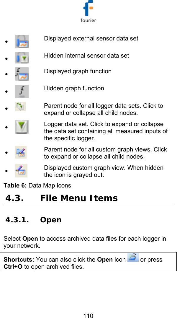   110 &bull;  Displayed external sensor data set &bull;  Hidden internal sensor data set &bull;  Displayed graph function &bull;  Hidden graph function &bull;  Parent node for all logger data sets. Click to expand or collapse all child nodes. &bull;  Logger data set. Click to expand or collapse the data set containing all measured inputs of the specific logger. &bull;  Parent node for all custom graph views. Click to expand or collapse all child nodes. &bull;  Displayed custom graph view. When hidden the icon is grayed out. Table 6: Data Map icons 4.3. File Menu Items 4.3.1. Open Select Open to access archived data files for each logger in your network. Shortcuts: You can also click the Open icon   or press Ctrl+O to open archived files. 