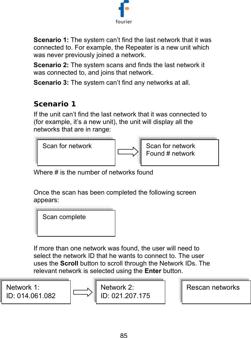   85 Scenario 1: The system can&rsquo;t find the last network that it was connected to. For example, the Repeater is a new unit which was never previously joined a network. Scenario 2: The system scans and finds the last network it was connected to, and joins that network. Scenario 3: The system can&rsquo;t find any networks at all.  Scenario 1 If the unit can&rsquo;t find the last network that it was connected to (for example, it&rsquo;s a new unit), the unit will display all the networks that are in range:  Where # is the number of networks found  Once the scan has been completed the following screen appears:  If more than one network was found, the user will need to select the network ID that he wants to connect to. The user uses the Scroll button to scroll through the Network IDs. The relevant network is selected using the Enter button.  Network 1:ID: 014.061.082  Network 2:ID: 021.207.175  Network 1:ID: 014.061.082  Network 2:ID: 021.207.175  Rescan networks Scan complete    Scan for network  Scan for network  Found # network 