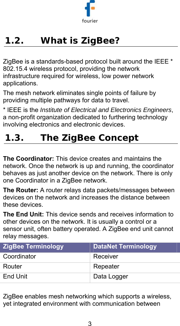   3 1.2. What is ZigBee? ZigBee is a standards-based protocol built around the IEEE * 802.15.4 wireless protocol, providing the network infrastructure required for wireless, low power network applications.  The mesh network eliminates single points of failure by providing multiple pathways for data to travel. * IEEE is the Institute of Electrical and Electronics Engineers, a non-profit organization dedicated to furthering technology involving electronics and electronic devices. 1.3. The ZigBee Concept The Coordinator: This device creates and maintains the network. Once the network is up and running, the coordinator behaves as just another device on the network. There is only one Coordinator in a ZigBee network.  The Router: A router relays data packets/messages between devices on the network and increases the distance between these devices.  The End Unit: This device sends and receives information to other devices on the network. It is usually a control or a sensor unit, often battery operated. A ZigBee end unit cannot relay messages.  ZigBee Terminology  DataNet Terminology Coordinator Receiver Router Repeater End Unit  Data Logger  ZigBee enables mesh networking which supports a wireless, yet integrated environment with communication between 