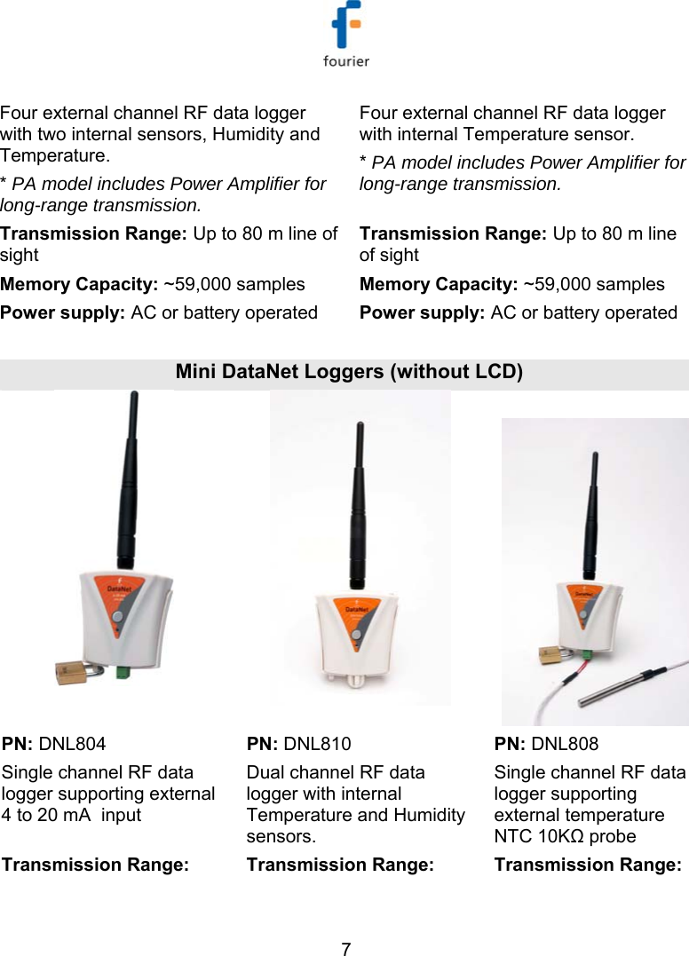   7 Four external channel RF data logger with two internal sensors, Humidity and Temperature. * PA model includes Power Amplifier for long-range transmission.  Four external channel RF data logger with internal Temperature sensor. * PA model includes Power Amplifier for long-range transmission. Transmission Range: Up to 80 m line of sight Memory Capacity: ~59,000 samples Power supply: AC or battery operated Transmission Range: Up to 80 m line of sight Memory Capacity: ~59,000 samples Power supply: AC or battery operated  Mini DataNet Loggers (without LCD)      PN: DNL804 PN: DNL810 PN: DNL808 Single channel RF data logger supporting external 4 to 20 mA  input Dual channel RF data logger with internal Temperature and Humidity sensors. Single channel RF data logger supporting external temperature NTC 10KΩ probe Transmission Range:   Transmission Range:   Transmission Range: 