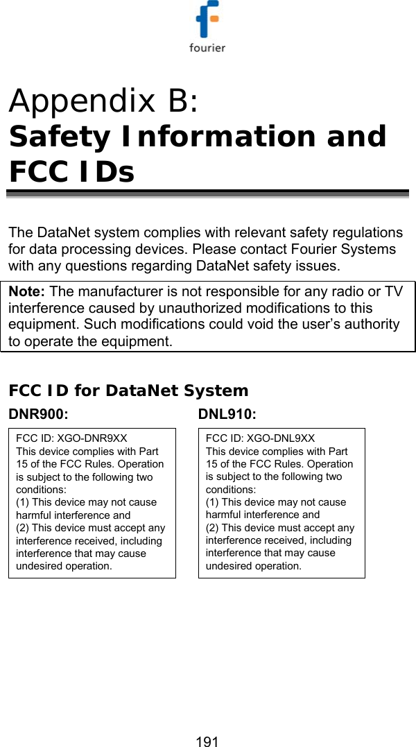   191 Appendix B:  Safety Information and FCC IDs The DataNet system complies with relevant safety regulations for data processing devices. Please contact Fourier Systems with any questions regarding DataNet safety issues.  Note: The manufacturer is not responsible for any radio or TV interference caused by unauthorized modifications to this equipment. Such modifications could void the user&rsquo;s authority to operate the equipment.  FCC ID for DataNet System DNR900: FCC ID: XGO-DNR9XXThis device complies with Part 15 of the FCC Rules. Operation is subject to the following two conditions:(1) This device may not cause harmful interference and(2) This device must accept any interference received, including interference that may cause undesired operation. DNL910: FCC ID: XGO-DNL9XXThis device complies with Part 15 of the FCC Rules. Operation is subject to the following two conditions:(1) This device may not cause harmful interference and(2) This device must accept any interference received, including interference that may cause undesired operation. 
