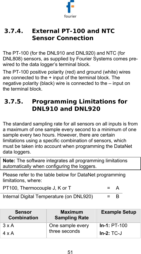  51 3.7.4. External PT-100 and NTC Sensor Connection The PT-100 (for the DNL910 and DNL920) and NTC (for DNL808) sensors, as supplied by Fourier Systems comes pre-wired to the data logger&rsquo;s terminal block.  The PT-100 positive polarity (red) and ground (white) wires are connected to the + input of the terminal block. The negative polarity (black) wire is connected to the &ndash; input on the terminal block.  3.7.5. Programming Limitations for DNL910 and DNL920 The standard sampling rate for all sensors on all inputs is from a maximum of one sample every second to a minimum of one sample every two hours. However, there are certain limitations using a specific combination of sensors, which must be taken into account when programming the DataNet data loggers.  Note: The software integrates all programming limitations automatically when configuring the loggers.  Please refer to the table below for DataNet programming limitations, where: PT100, Thermocouple J, K or T   =  A Internal Digital Temperature (on DNL920)  =  B  Sensor Combination Maximum Sampling Rate Example Setup 3 x A 4 x A One sample every three seconds In-1: PT-100 In-2: TC-J 