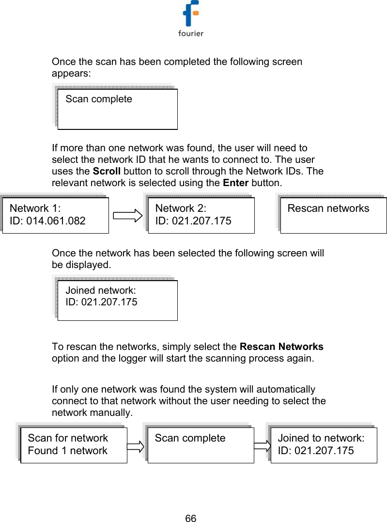   66 Once the scan has been completed the following screen appears: If more than one network was found, the user will need to select the network ID that he wants to connect to. The user uses the Scroll button to scroll through the Network IDs. The relevant network is selected using the Enter button.  Network 1:ID: 014.061.082  Network 2:ID: 021.207.175  Network 1:ID: 014.061.082  Network 2:ID: 021.207.175  Rescan networksOnce the network has been selected the following screen will be displayed.   To rescan the networks, simply select the Rescan Networks option and the logger will start the scanning process again.  If only one network was found the system will automatically connect to that network without the user needing to select the network manually. Scan for network Found 1 networkScan complete   Joined to network:ID: 021.207.175  Scan for network Found 1 networkScan complete   Joined to network:ID: 021.207.175  Scan for network Found 1 networkScan complete   Joined to network:ID: 021.207.175  Scan complete    Joined network: ID: 021.207.175   