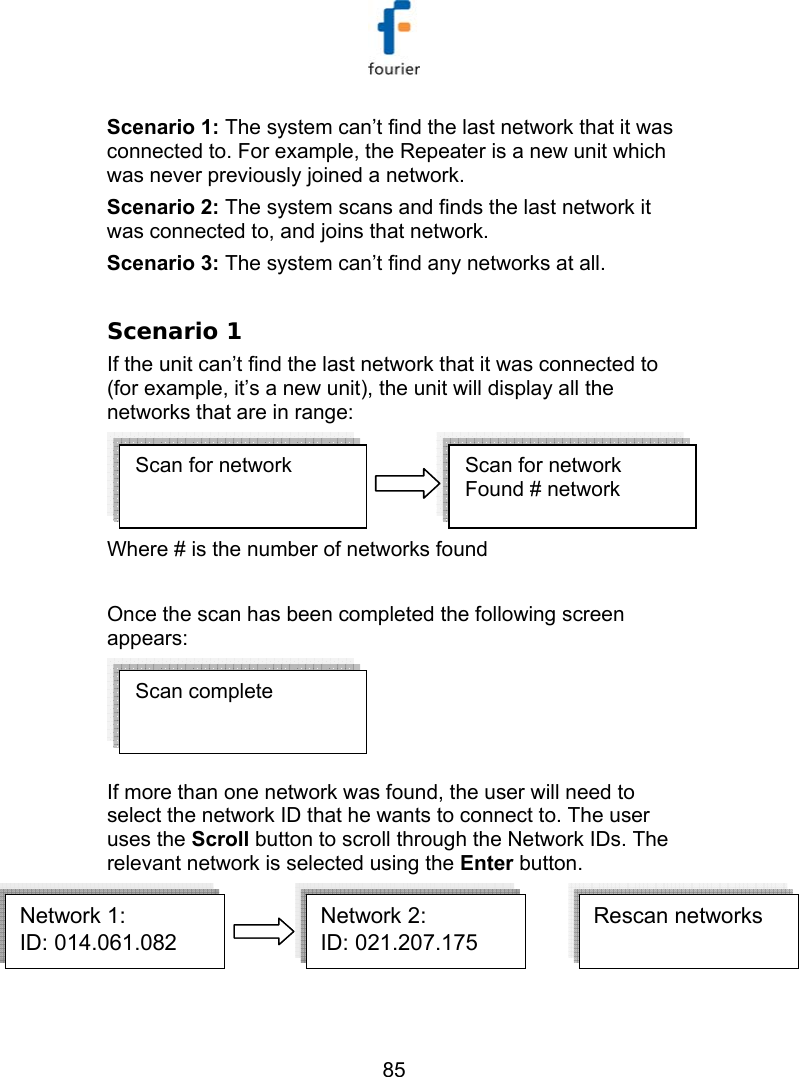   85 Scenario 1: The system can&rsquo;t find the last network that it was connected to. For example, the Repeater is a new unit which was never previously joined a network. Scenario 2: The system scans and finds the last network it was connected to, and joins that network. Scenario 3: The system can&rsquo;t find any networks at all.  Scenario 1 If the unit can&rsquo;t find the last network that it was connected to (for example, it&rsquo;s a new unit), the unit will display all the networks that are in range:  Where # is the number of networks found  Once the scan has been completed the following screen appears: If more than one network was found, the user will need to select the network ID that he wants to connect to. The user uses the Scroll button to scroll through the Network IDs. The relevant network is selected using the Enter button.  Network 1:ID: 014.061.082  Network 2:ID: 021.207.175  Network 1:ID: 014.061.082  Network 2:ID: 021.207.175  Rescan networksScan complete    Scan for network  Scan for network  Found # network 