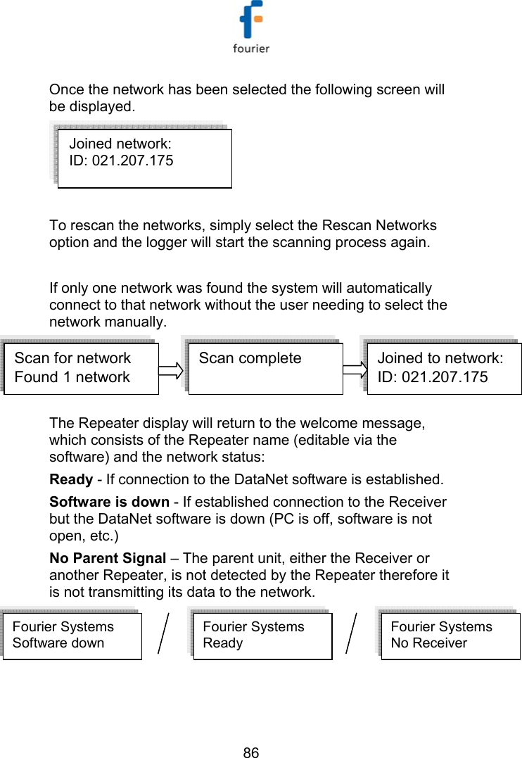   86 Once the network has been selected the following screen will be displayed.   To rescan the networks, simply select the Rescan Networks option and the logger will start the scanning process again.  If only one network was found the system will automatically connect to that network without the user needing to select the network manually. Scan for network Found 1 networkScan complete   Joined to network:ID: 021.207.175  Scan for network Found 1 networkScan complete   Joined to network:ID: 021.207.175  Scan for network Found 1 networkScan complete   Joined to network:ID: 021.207.175  The Repeater display will return to the welcome message, which consists of the Repeater name (editable via the software) and the network status: Ready - If connection to the DataNet software is established. Software is down - If established connection to the Receiver but the DataNet software is down (PC is off, software is not open, etc.) No Parent Signal &ndash; The parent unit, either the Receiver or another Repeater, is not detected by the Repeater therefore it is not transmitting its data to the network. Fourier SystemsReady  Fourier SystemsSoftware downFourier SystemsNo Receiver  Fourier SystemsReady  Fourier SystemsSoftware downFourier SystemsNo Receiver  Joined network: ID: 021.207.175   
