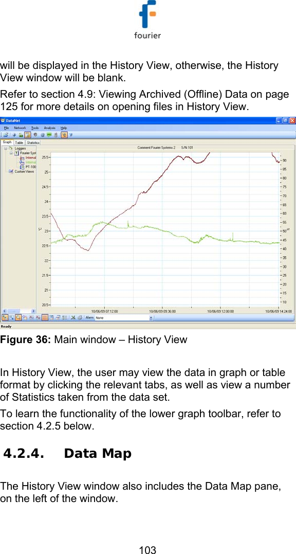   103 will be displayed in the History View, otherwise, the History View window will be blank.  Refer to section  4.9: Viewing Archived (Offline) Data on page 125 for more details on opening files in History View.  Figure 36: Main window &ndash; History View  In History View, the user may view the data in graph or table format by clicking the relevant tabs, as well as view a number of Statistics taken from the data set.  To learn the functionality of the lower graph toolbar, refer to section  4.2.5 below. 4.2.4. Data Map The History View window also includes the Data Map pane, on the left of the window. 