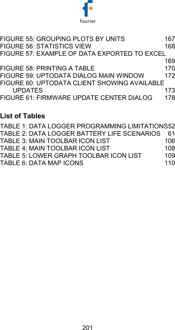   201 FIGURE 55: GROUPING PLOTS BY UNITS  167 FIGURE 56: STATISTICS VIEW  168 FIGURE 57: EXAMPLE OF DATA EXPORTED TO EXCEL 169 FIGURE 58: PRINTING A TABLE  170 FIGURE 59: UPTODATA DIALOG MAIN WINDOW  172 FIGURE 60: UPTODATA CLIENT SHOWING AVAILABLE UPDATES 173 FIGURE 61: FIRMWARE UPDATE CENTER DIALOG  178  List of Tables TABLE 1: DATA LOGGER PROGRAMMING LIMITATIONS 52 TABLE 2: DATA LOGGER BATTERY LIFE SCENARIOS  61 TABLE 3: MAIN TOOLBAR ICON LIST  106 TABLE 4: MAIN TOOLBAR ICON LIST  108 TABLE 5: LOWER GRAPH TOOLBAR ICON LIST  109 TABLE 6: DATA MAP ICONS  110   